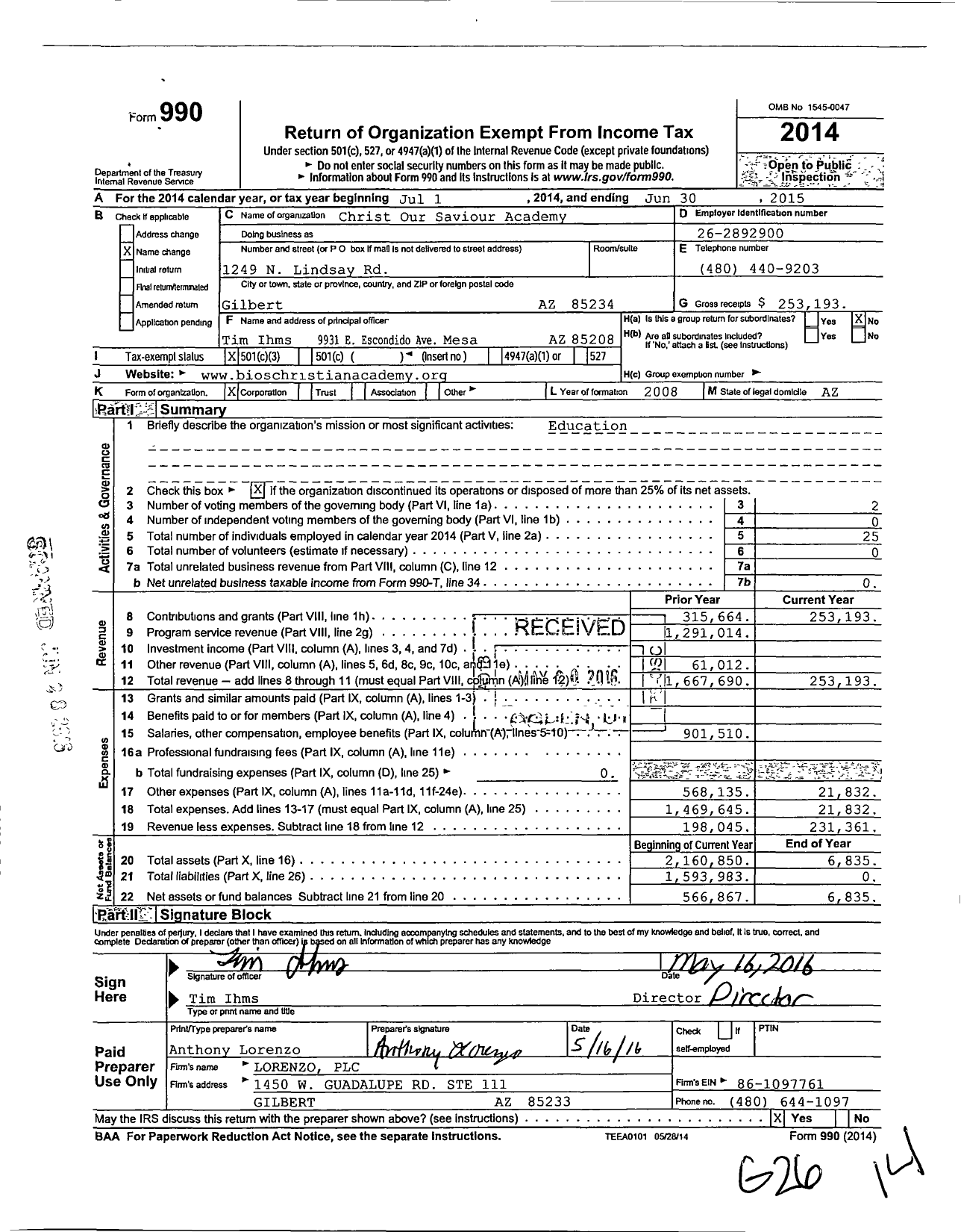 Image of first page of 2014 Form 990 for Bios Christian Academy