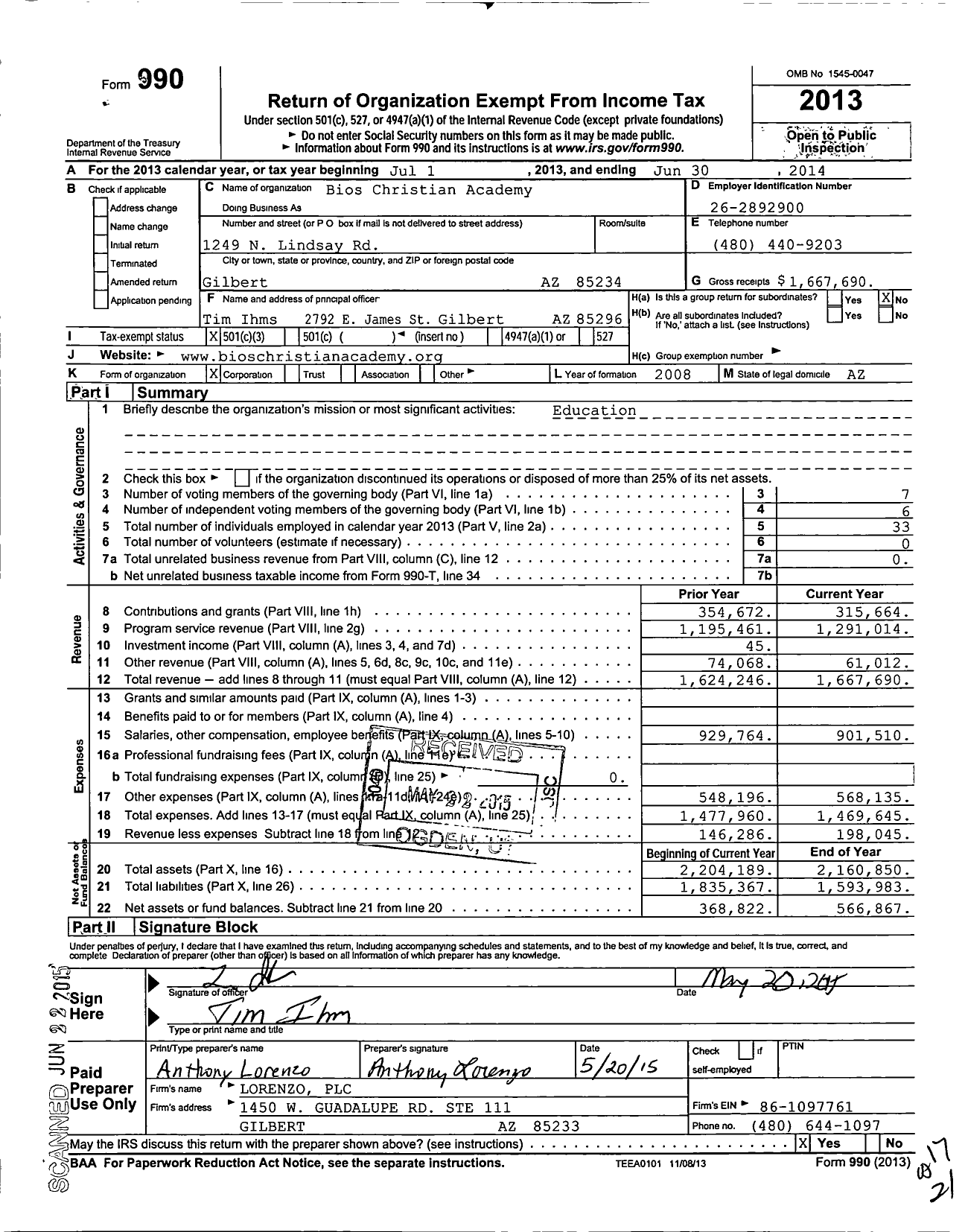 Image of first page of 2013 Form 990 for Bios Christian Academy