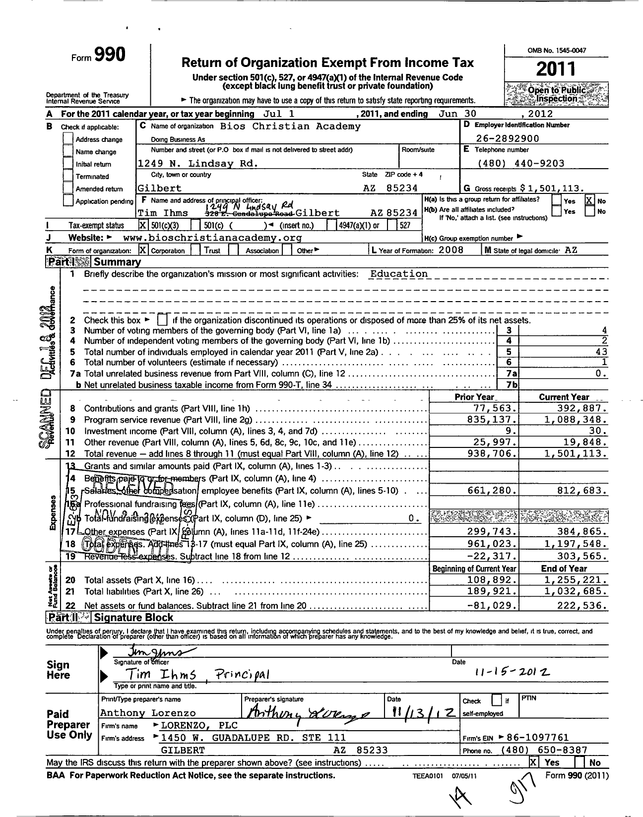 Image of first page of 2011 Form 990 for Bios Christian Academy