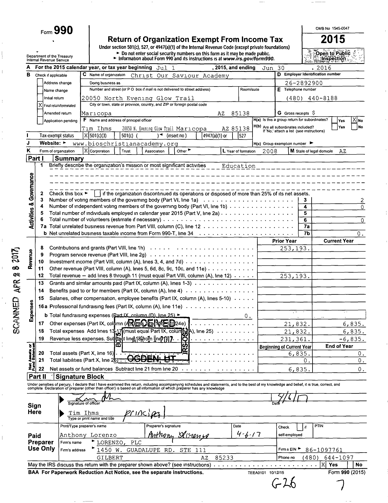 Image of first page of 2015 Form 990 for Bios Christian Academy