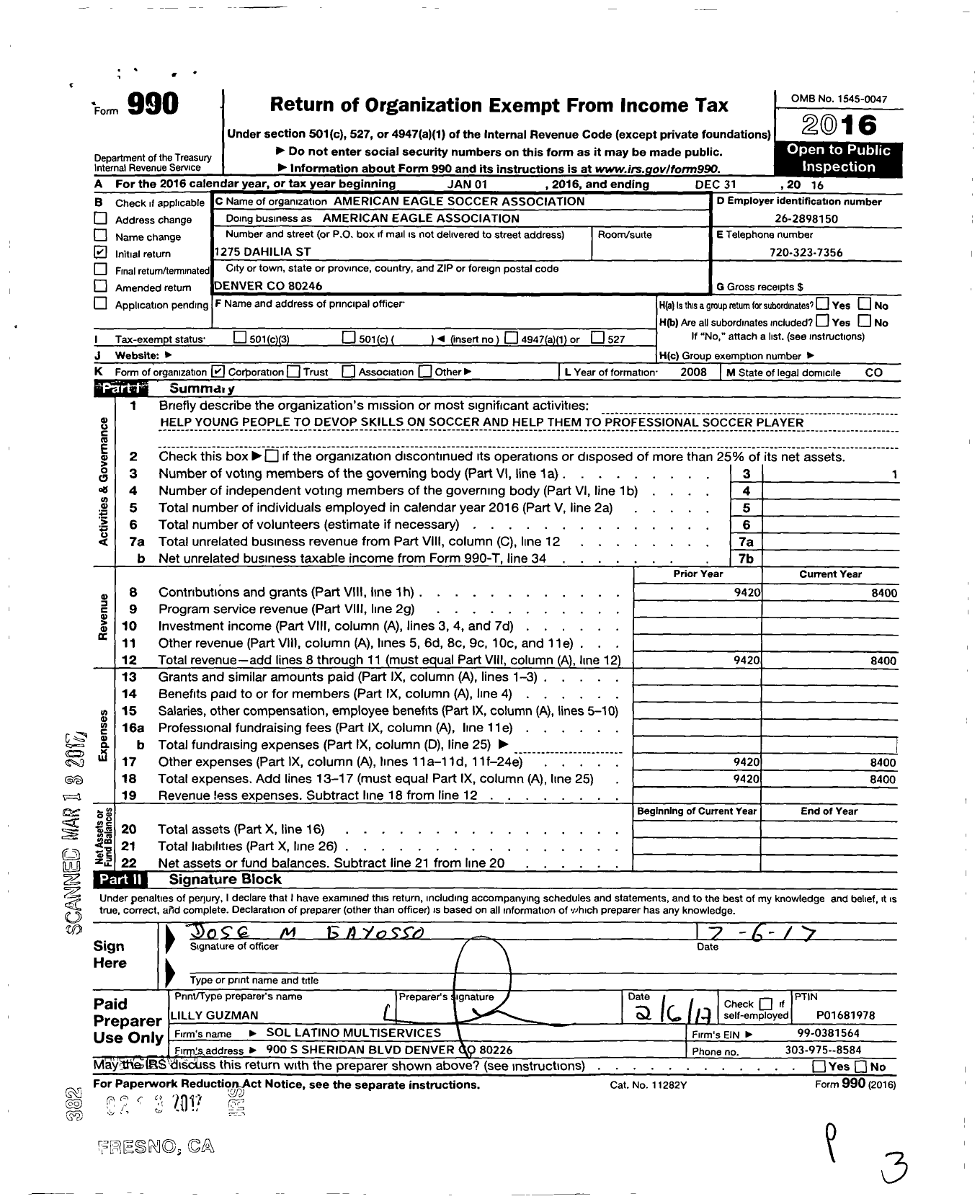 Image of first page of 2016 Form 990O for American Eagle Soccer Association