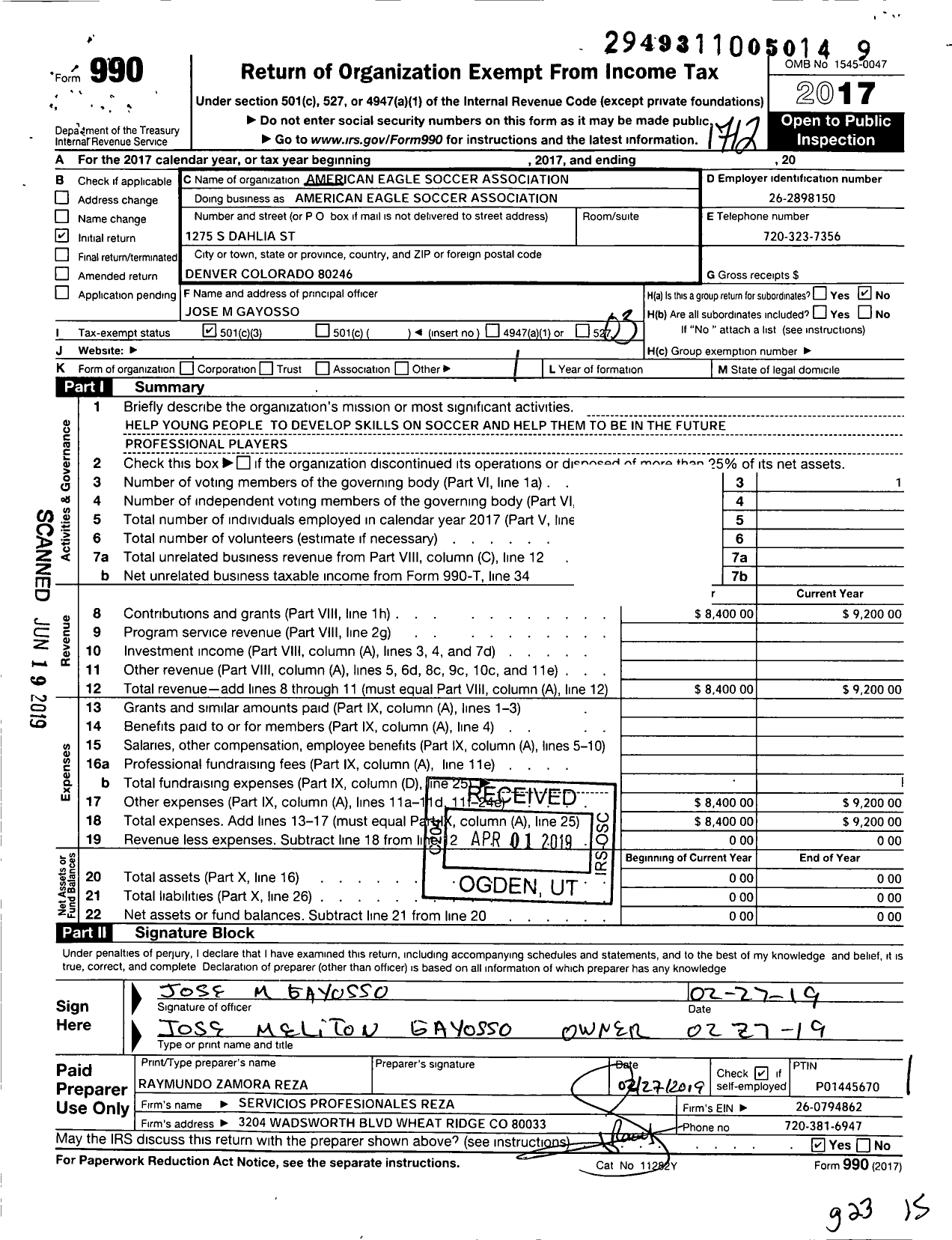 Image of first page of 2017 Form 990 for American Eagle Soccer Association