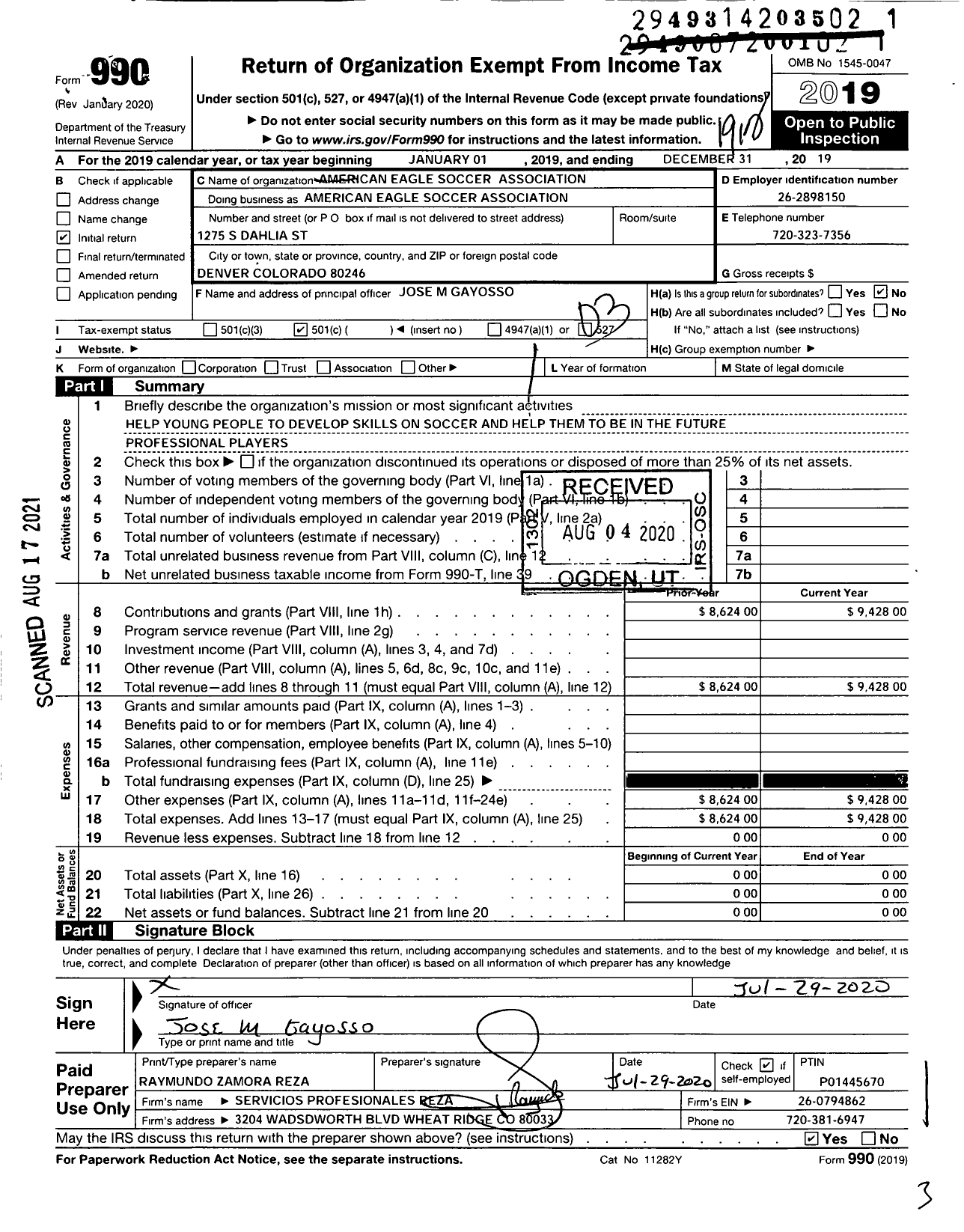 Image of first page of 2019 Form 990 for American Eagle Soccer Association