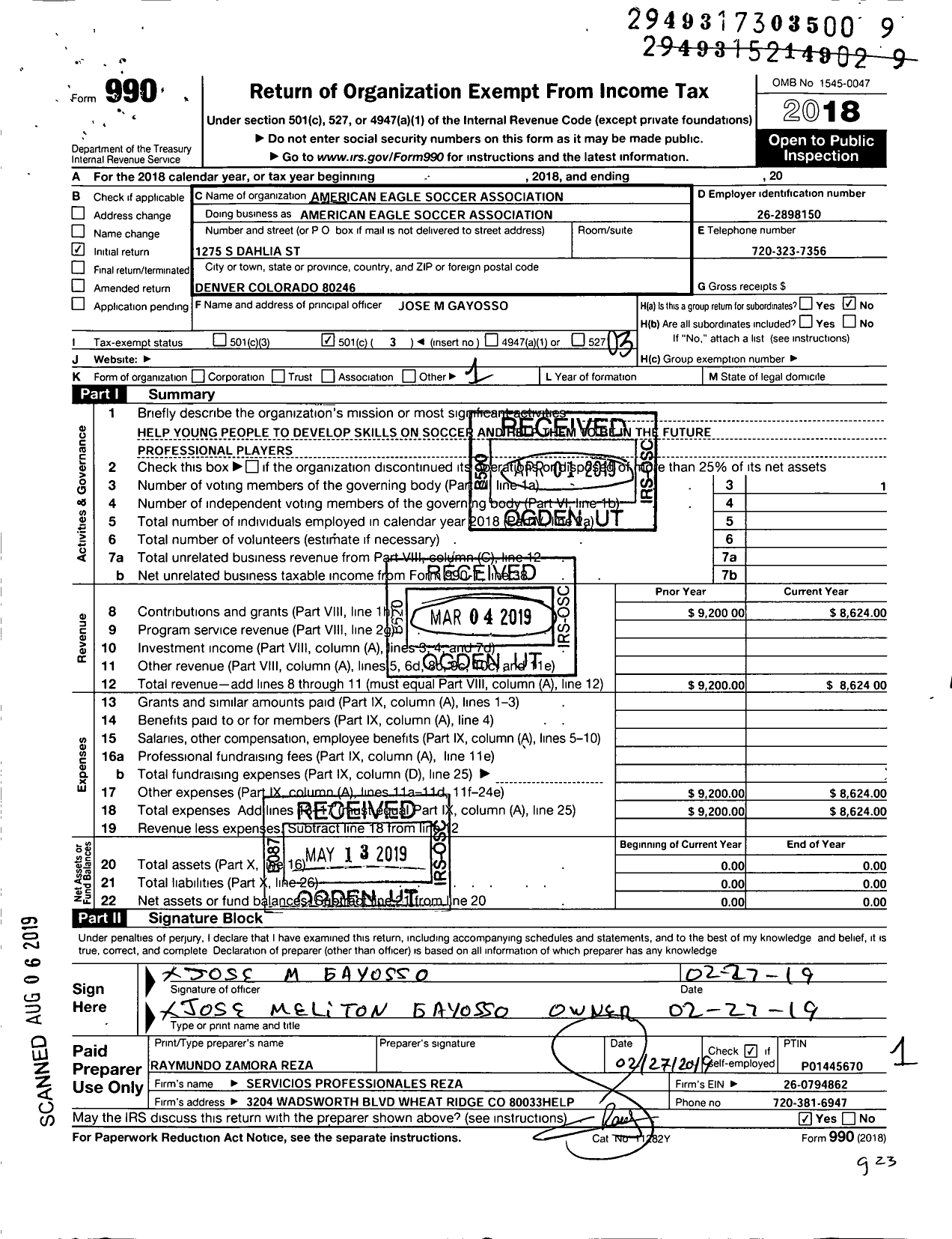 Image of first page of 2018 Form 990 for American Eagle Soccer Association