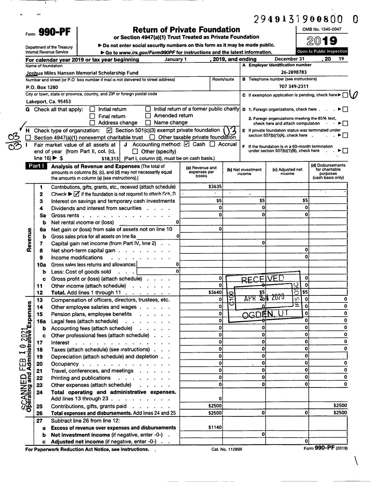 Image of first page of 2019 Form 990PF for Joshua Miles Hansen Memorial Scholarship