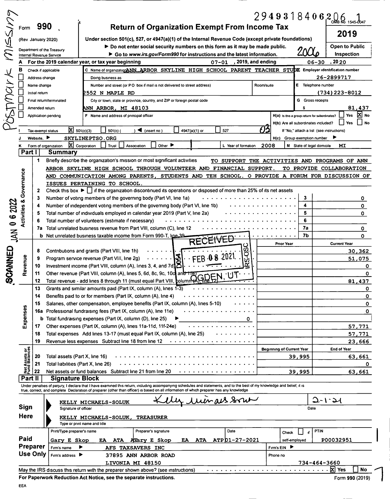 Image of first page of 2019 Form 990 for Ann Arbor Skyline High School Parent Teacher Student Organization