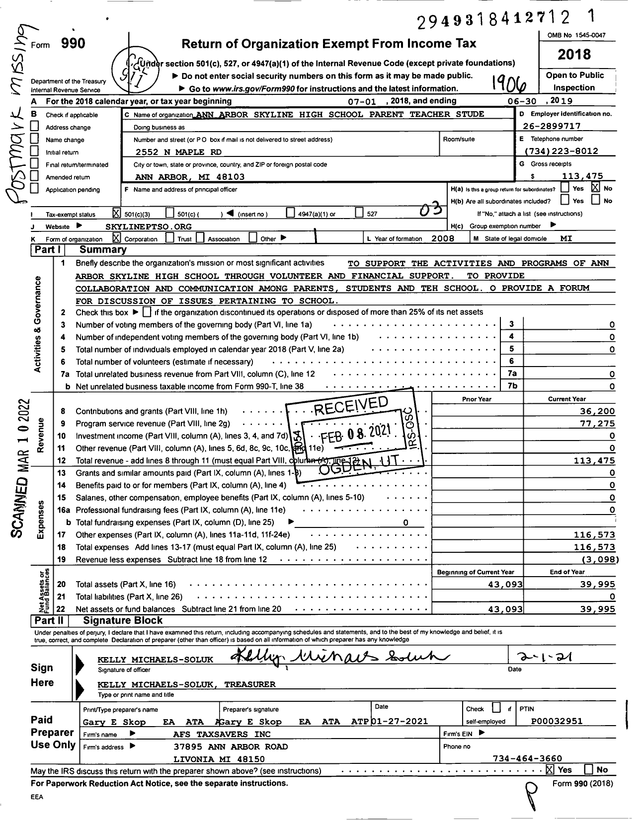 Image of first page of 2018 Form 990 for Ann Arbor Skyline High School Parent Teacher Student Organization