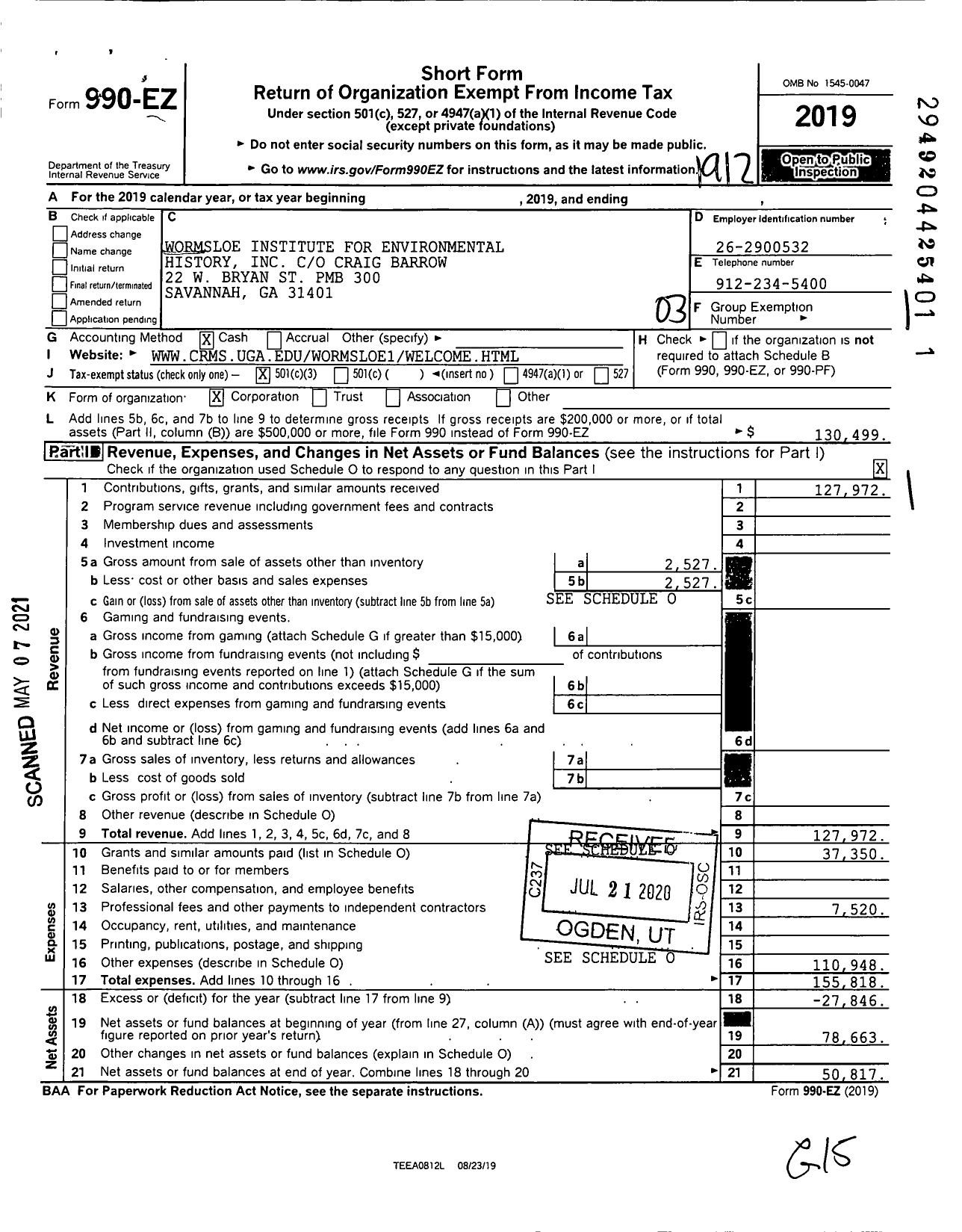 Image of first page of 2019 Form 990EZ for Wormsloe Institute for Environ- Mental Historyincc / O Craig Barrow