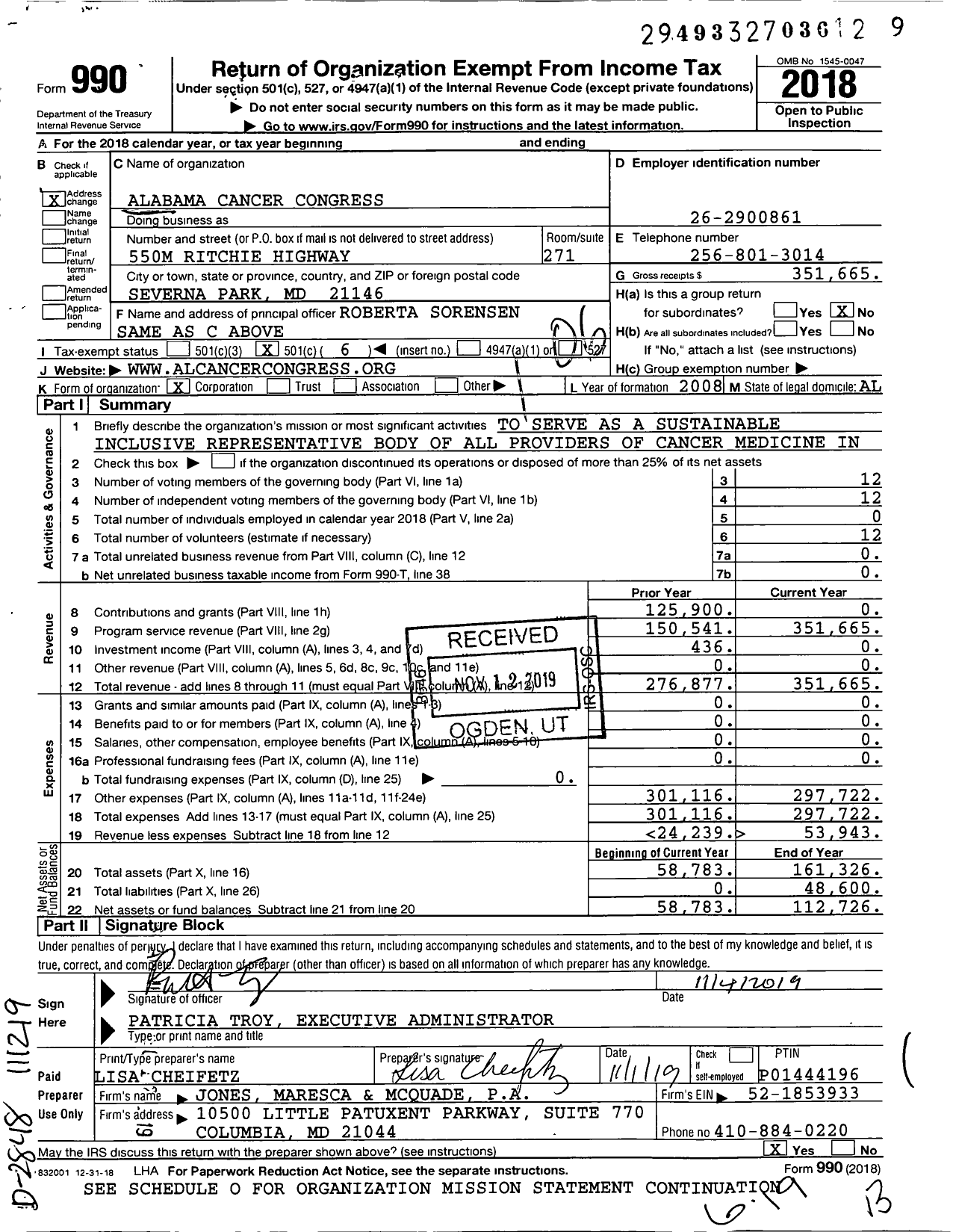 Image of first page of 2018 Form 990O for Alabama Cancer Congress