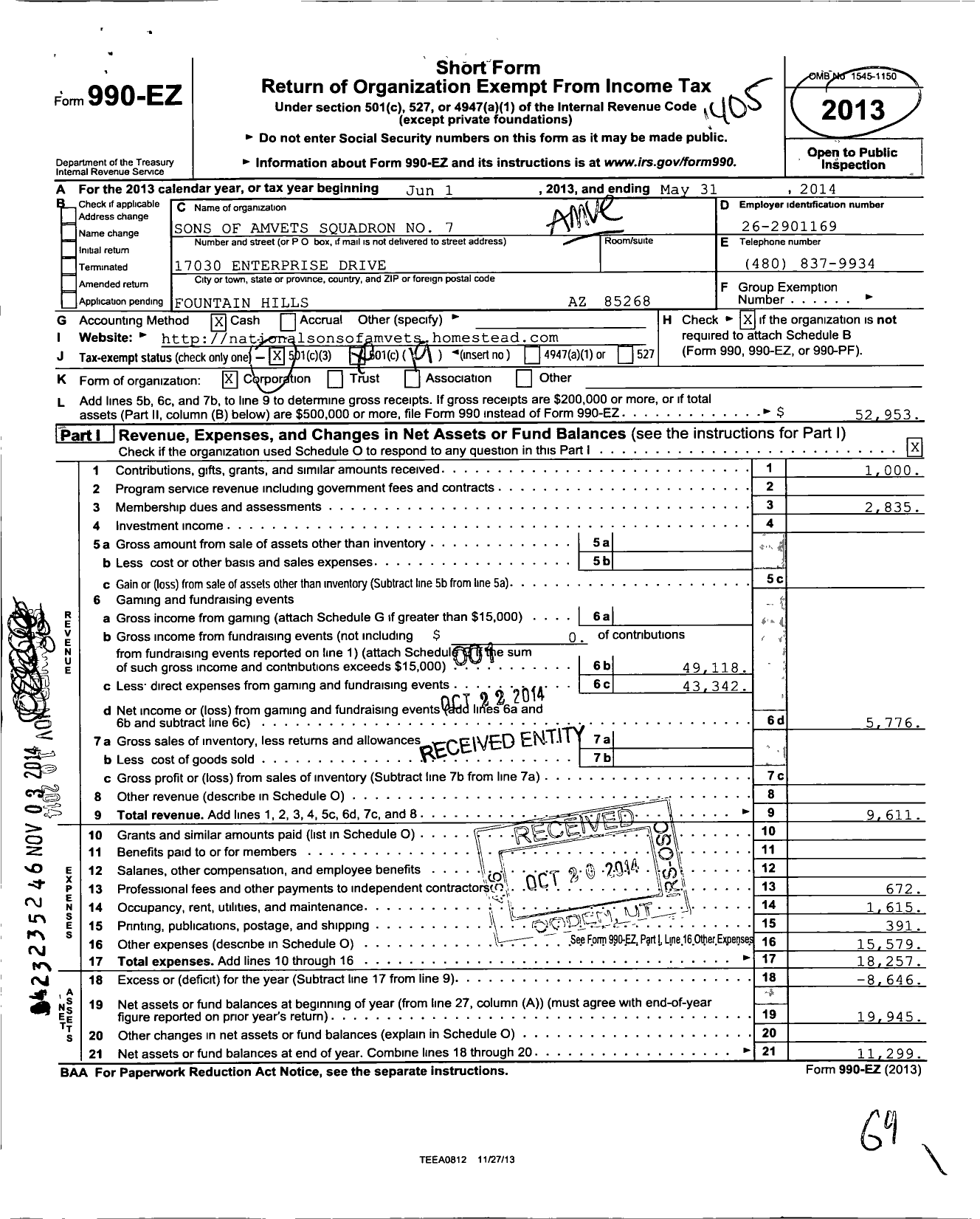 Image of first page of 2013 Form 990EO for Amvets - Fountain Hills