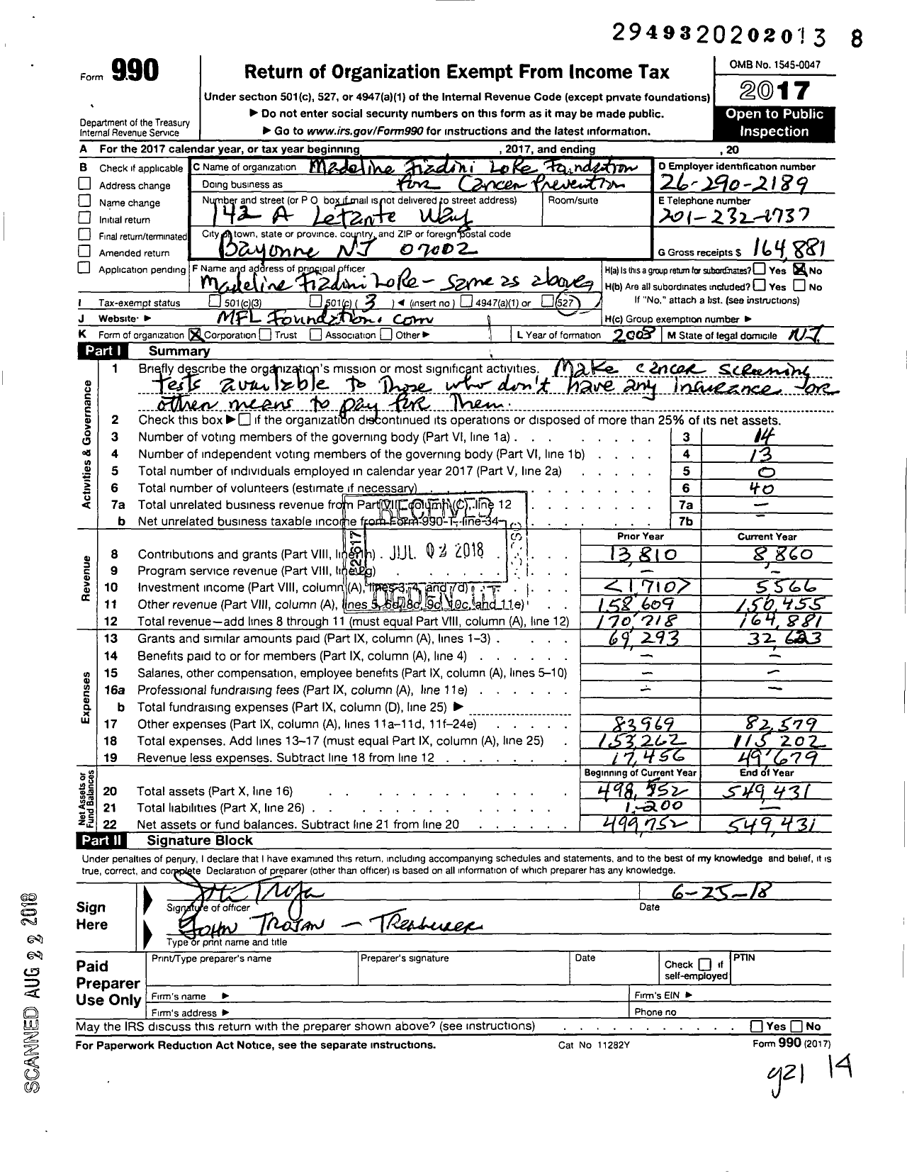 Image of first page of 2017 Form 990 for Madeline Fiadini LoRe Foundation