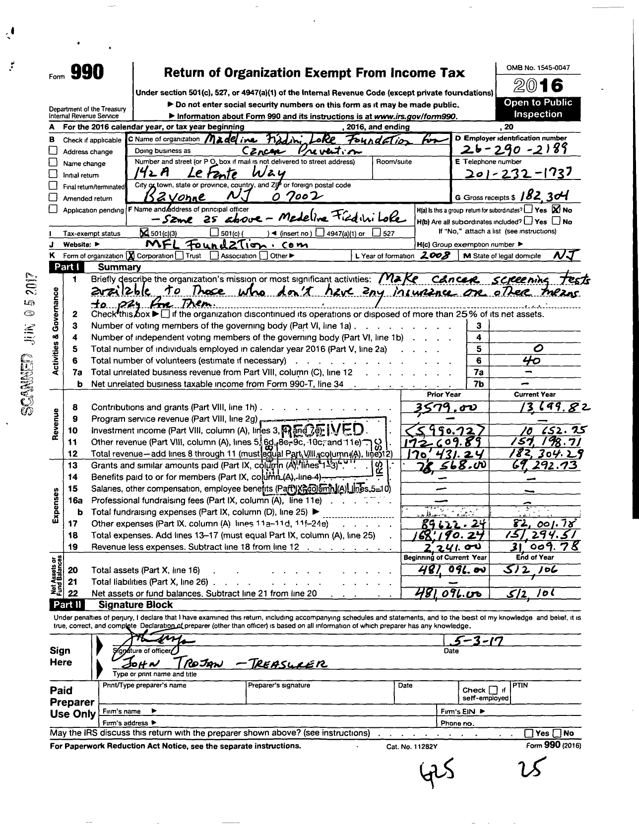 Image of first page of 2016 Form 990 for Madeline Fiadini LoRe Foundation