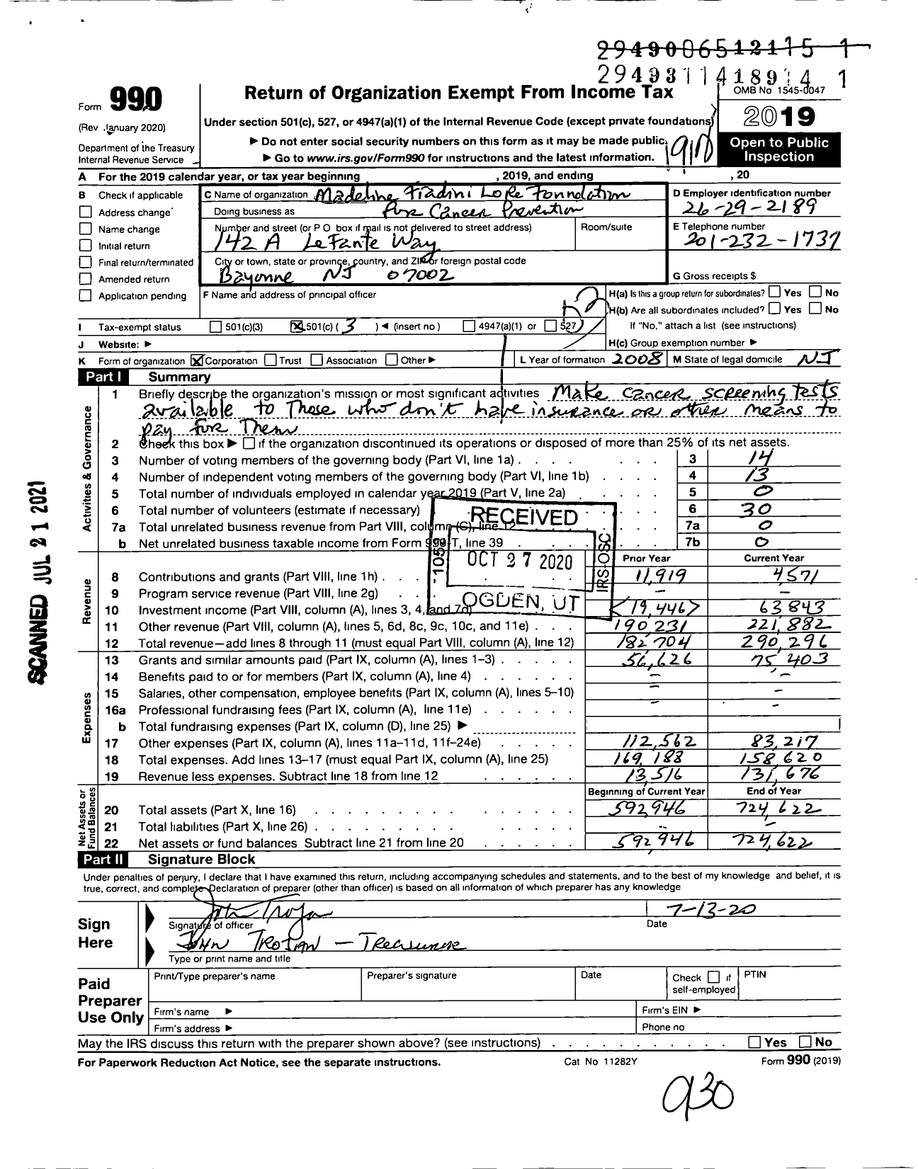 Image of first page of 2019 Form 990 for Madeline Fiadini LoRe Foundation