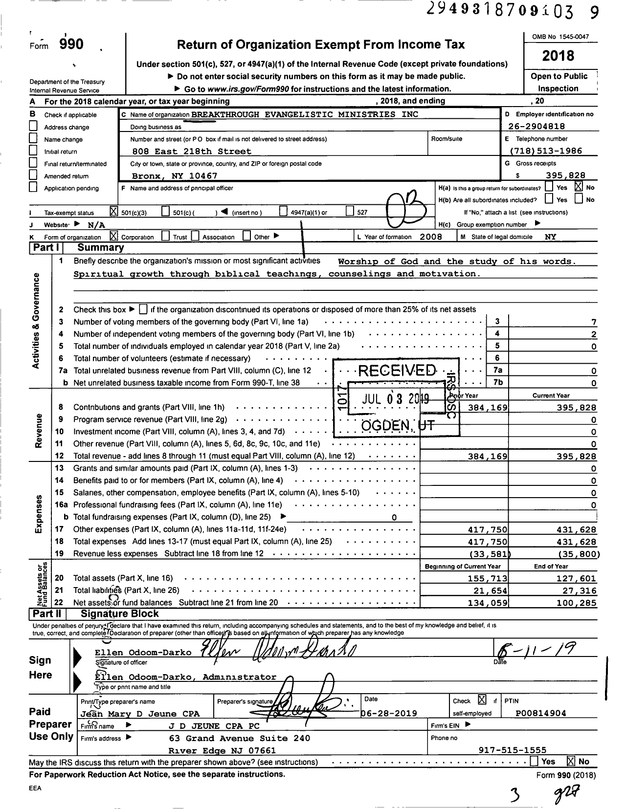 Image of first page of 2018 Form 990 for Breakthrough Evangelistic Ministries