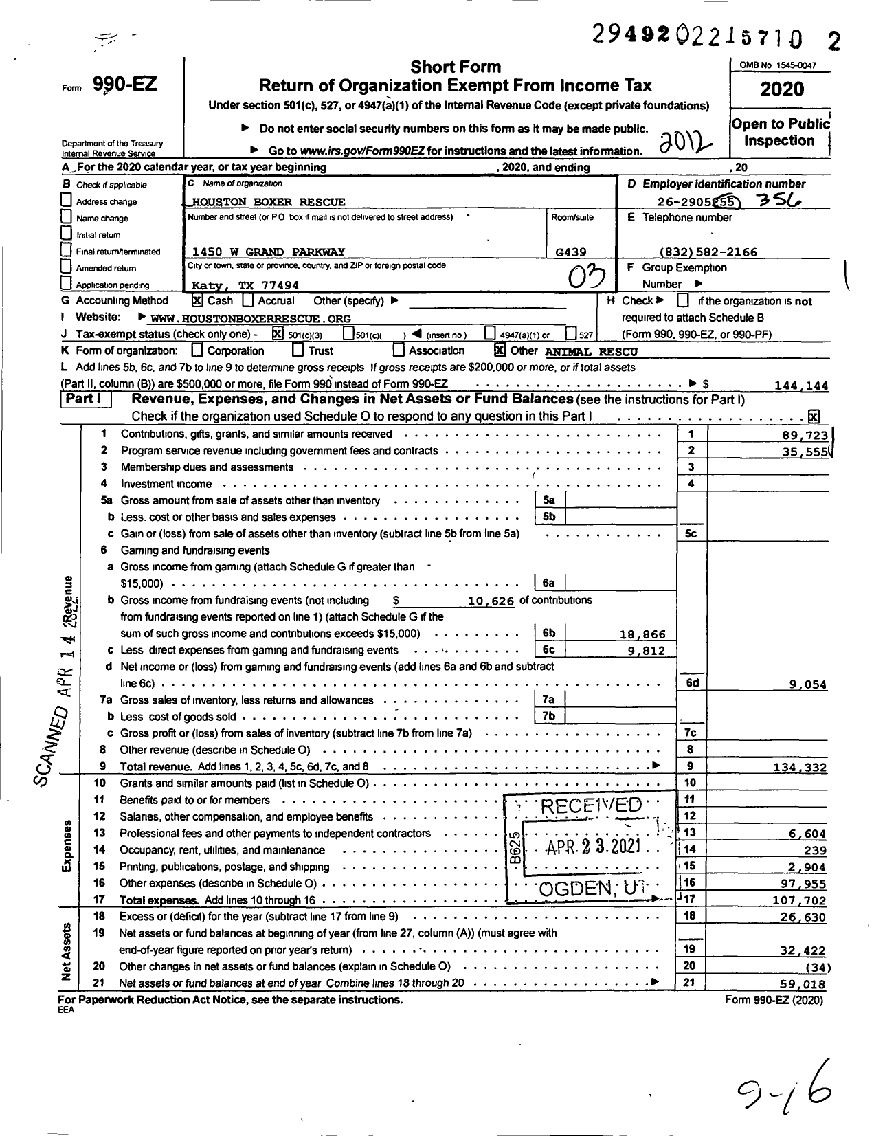 Image of first page of 2020 Form 990EZ for Houston Boxer Rescue