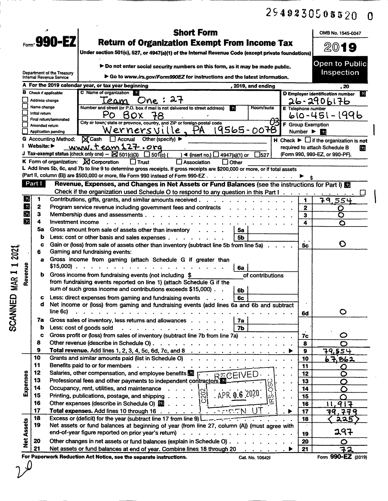 Image of first page of 2019 Form 990EZ for Team One 27