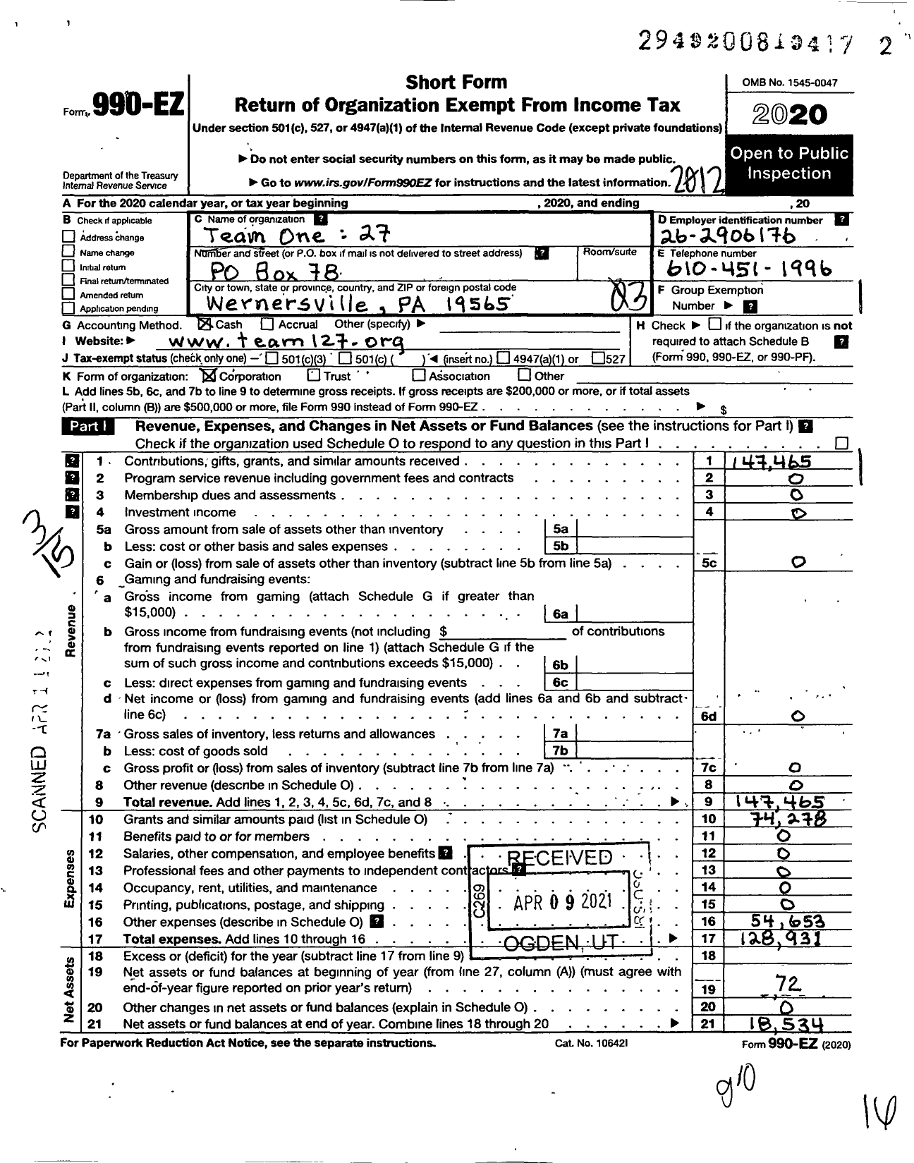 Image of first page of 2020 Form 990EZ for Team One 27