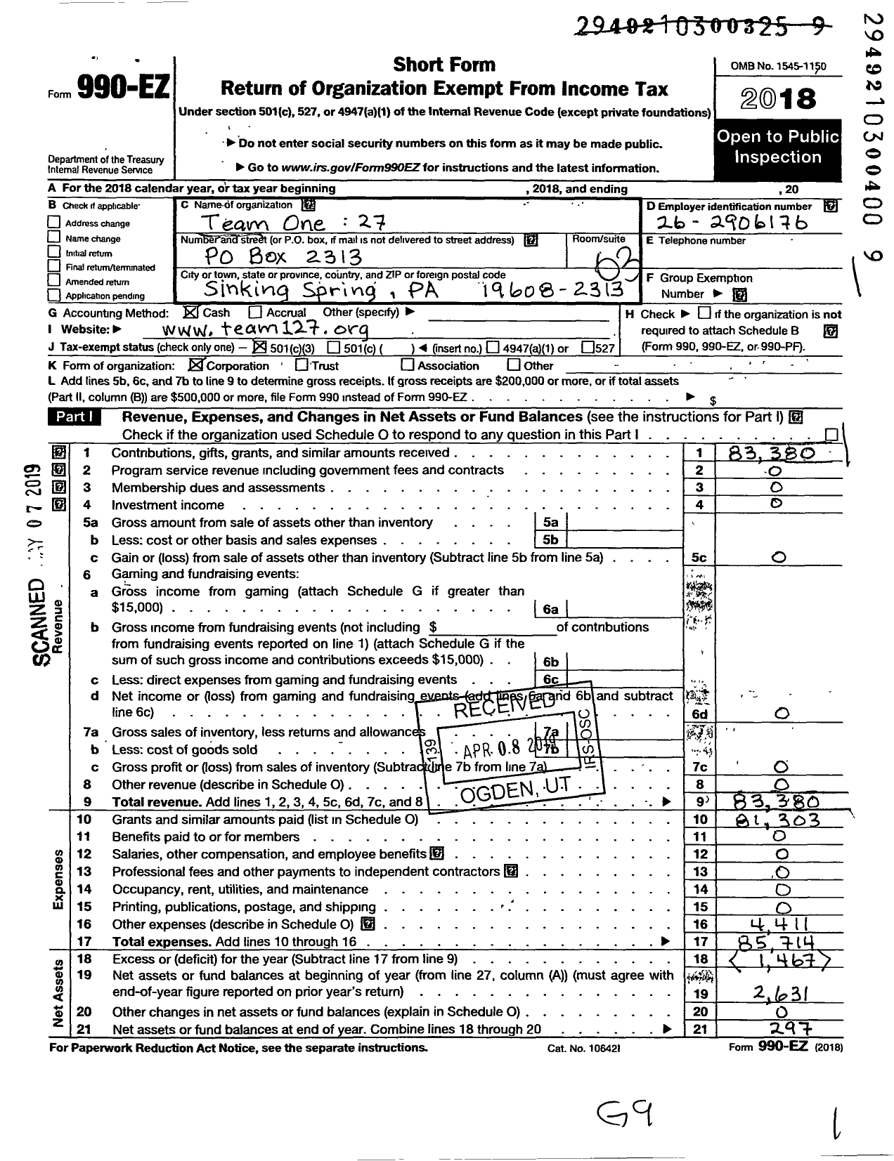 Image of first page of 2018 Form 990EZ for Team One 27