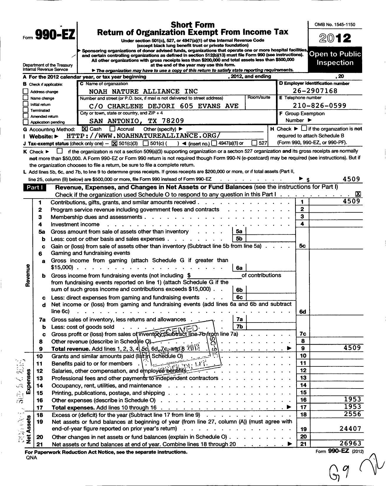 Image of first page of 2012 Form 990EZ for Noah Nature Alliance