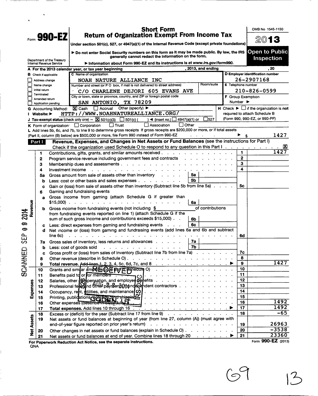 Image of first page of 2013 Form 990EZ for Noah Nature Alliance