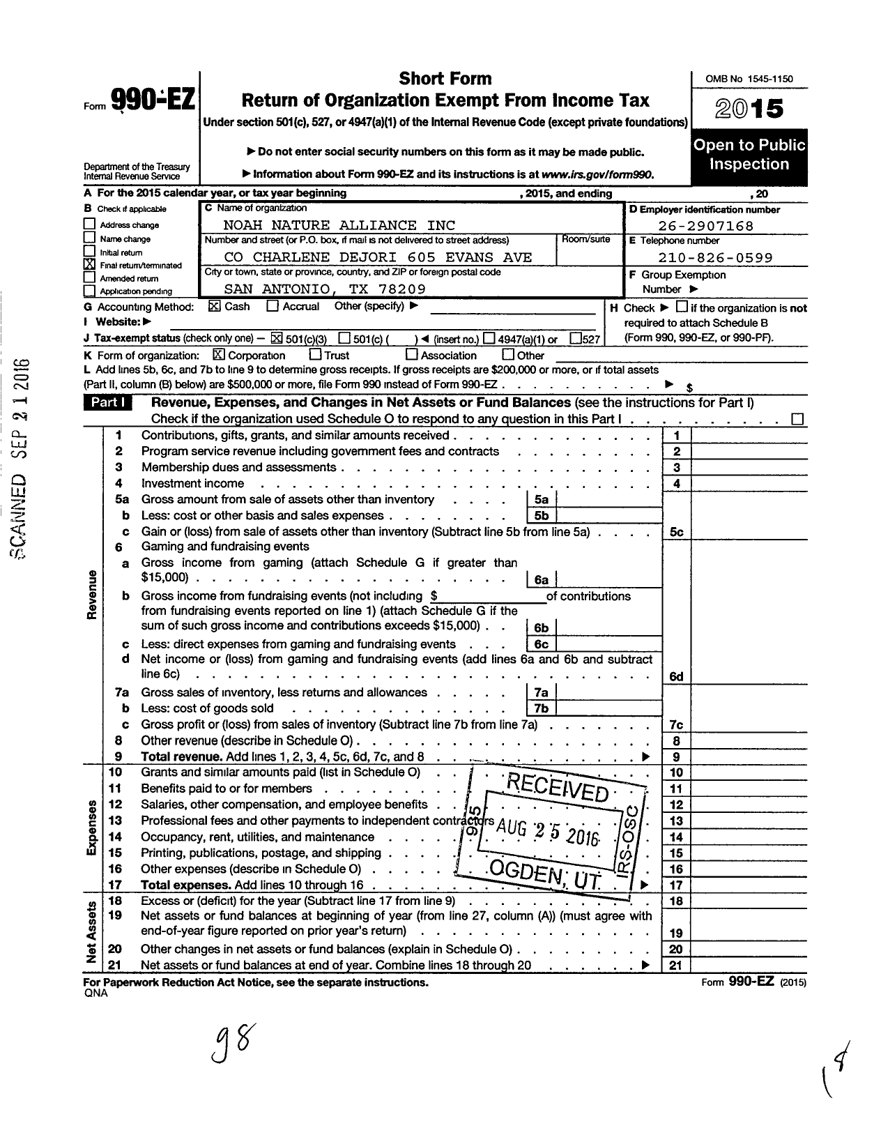 Image of first page of 2015 Form 990EZ for Noah Nature Alliance