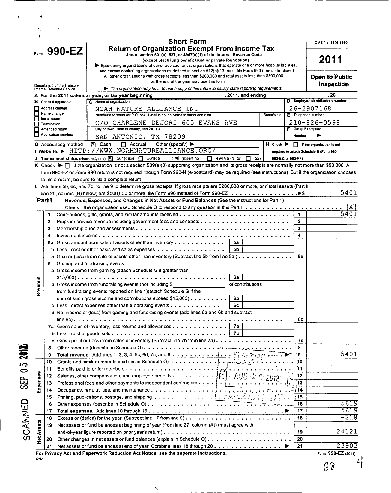 Image of first page of 2011 Form 990EZ for Noah Nature Alliance