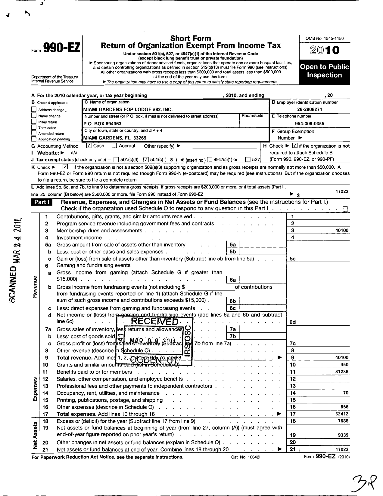 Image of first page of 2010 Form 990EO for Fraternal Order of Police - 82 Miami Gardens Fop Lodge