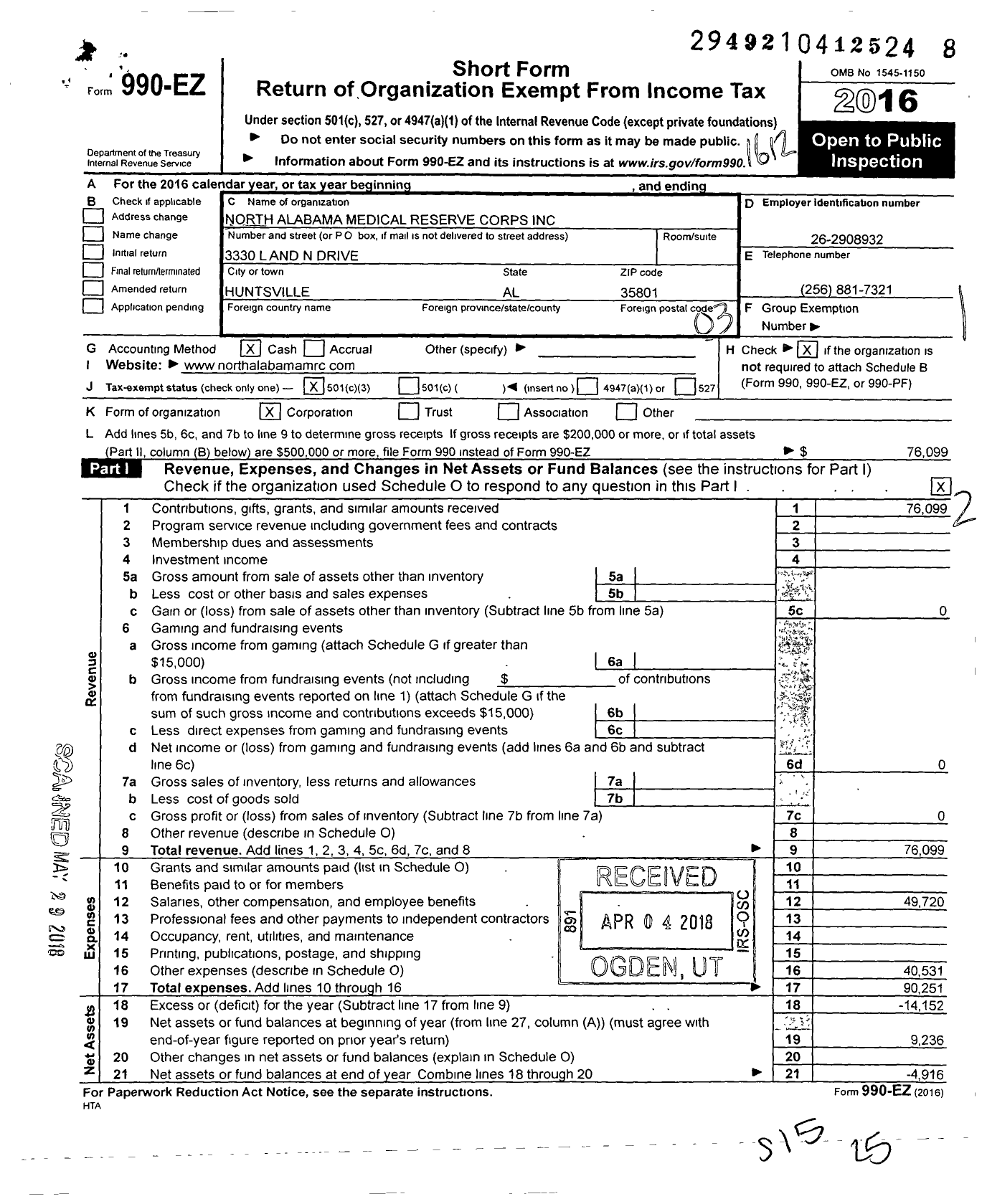 Image of first page of 2016 Form 990EZ for North Alabama Medical Reserve Corps