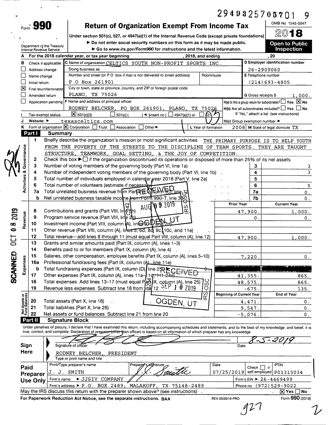 Image of first page of 2018 Form 990 for Celtics Youth Non-Profit Sports