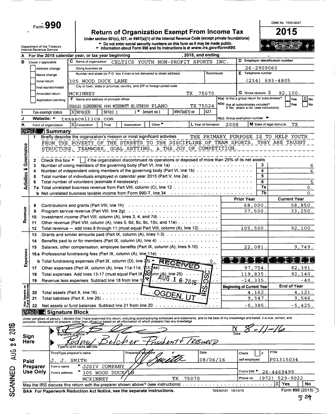 Image of first page of 2015 Form 990 for Celtics Youth Non-Profit Sports