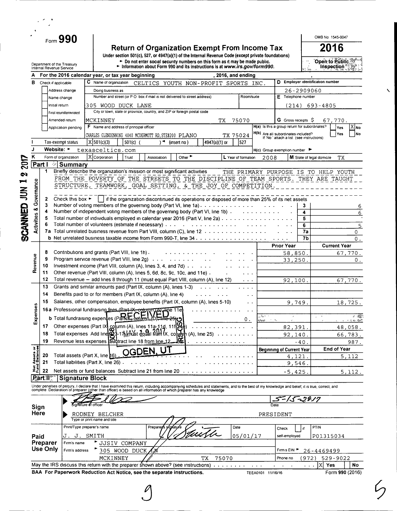 Image of first page of 2016 Form 990 for Celtics Youth Non-Profit Sports