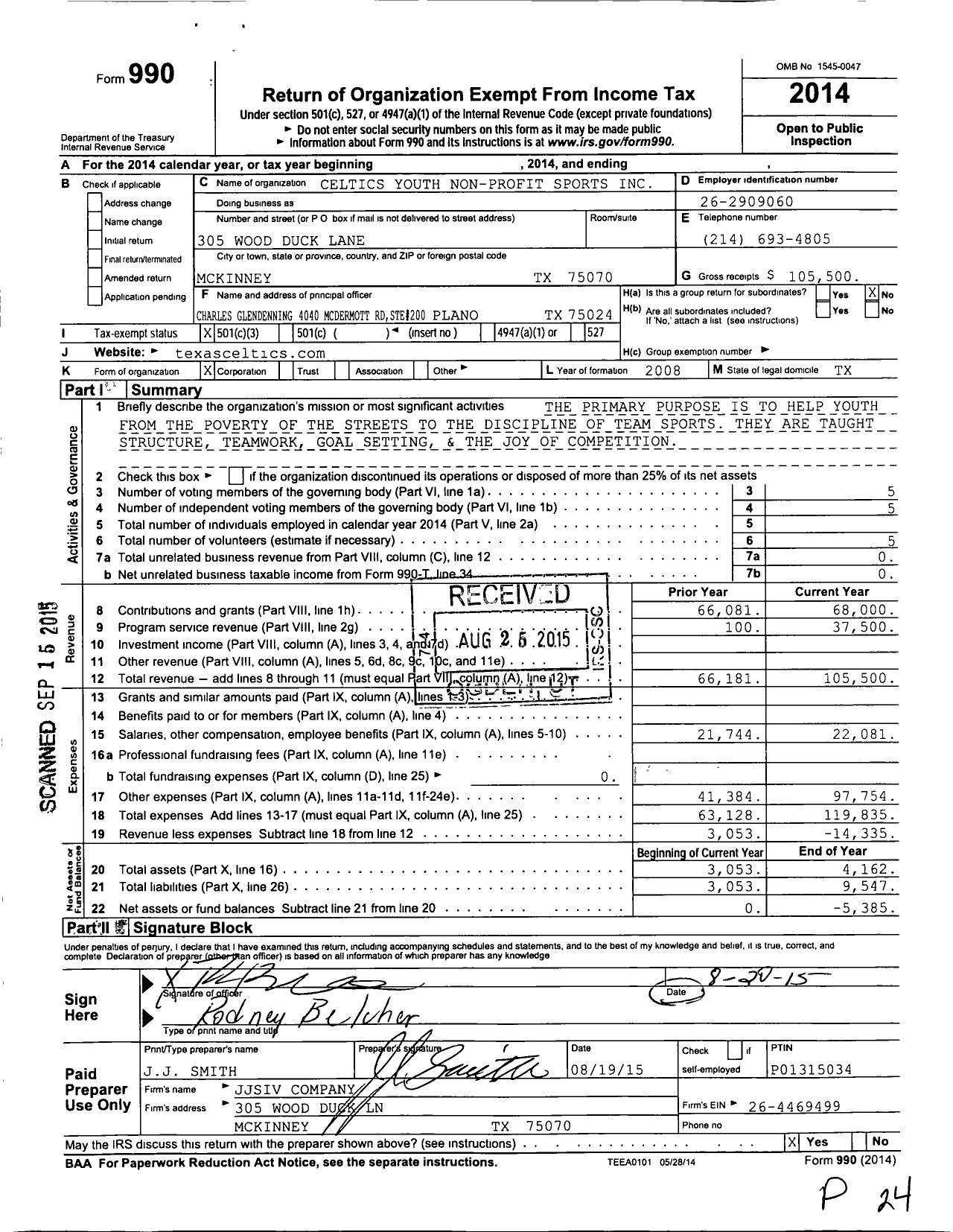 Image of first page of 2014 Form 990 for Celtics Youth Non-Profit Sports