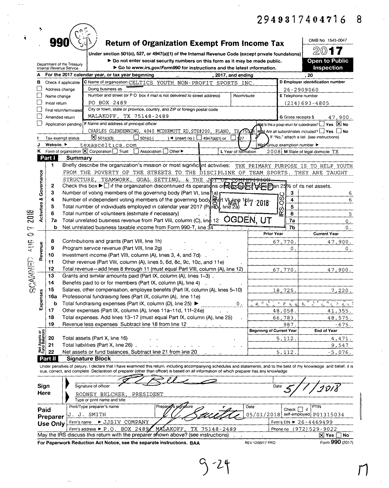 Image of first page of 2017 Form 990 for Celtics Youth Non-Profit Sports