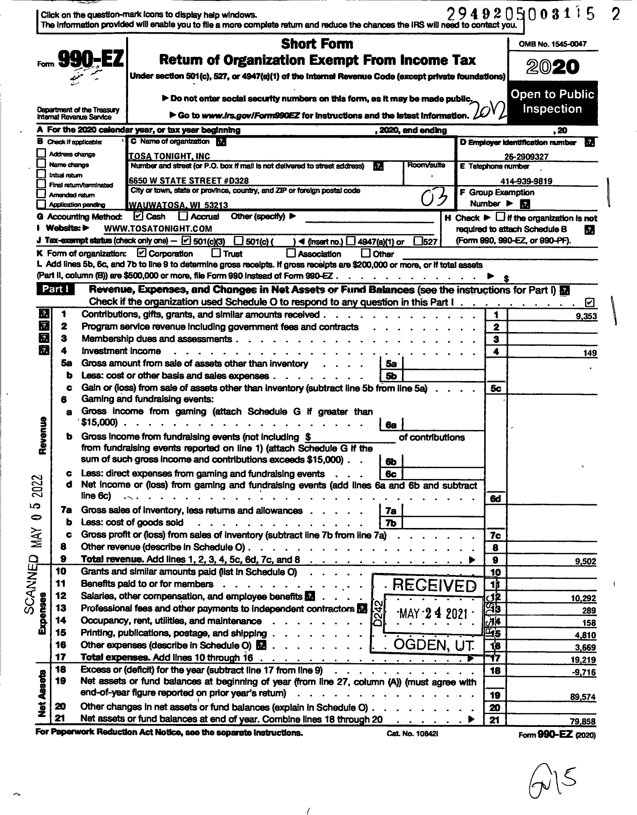 Image of first page of 2020 Form 990EZ for Tosa Tonight