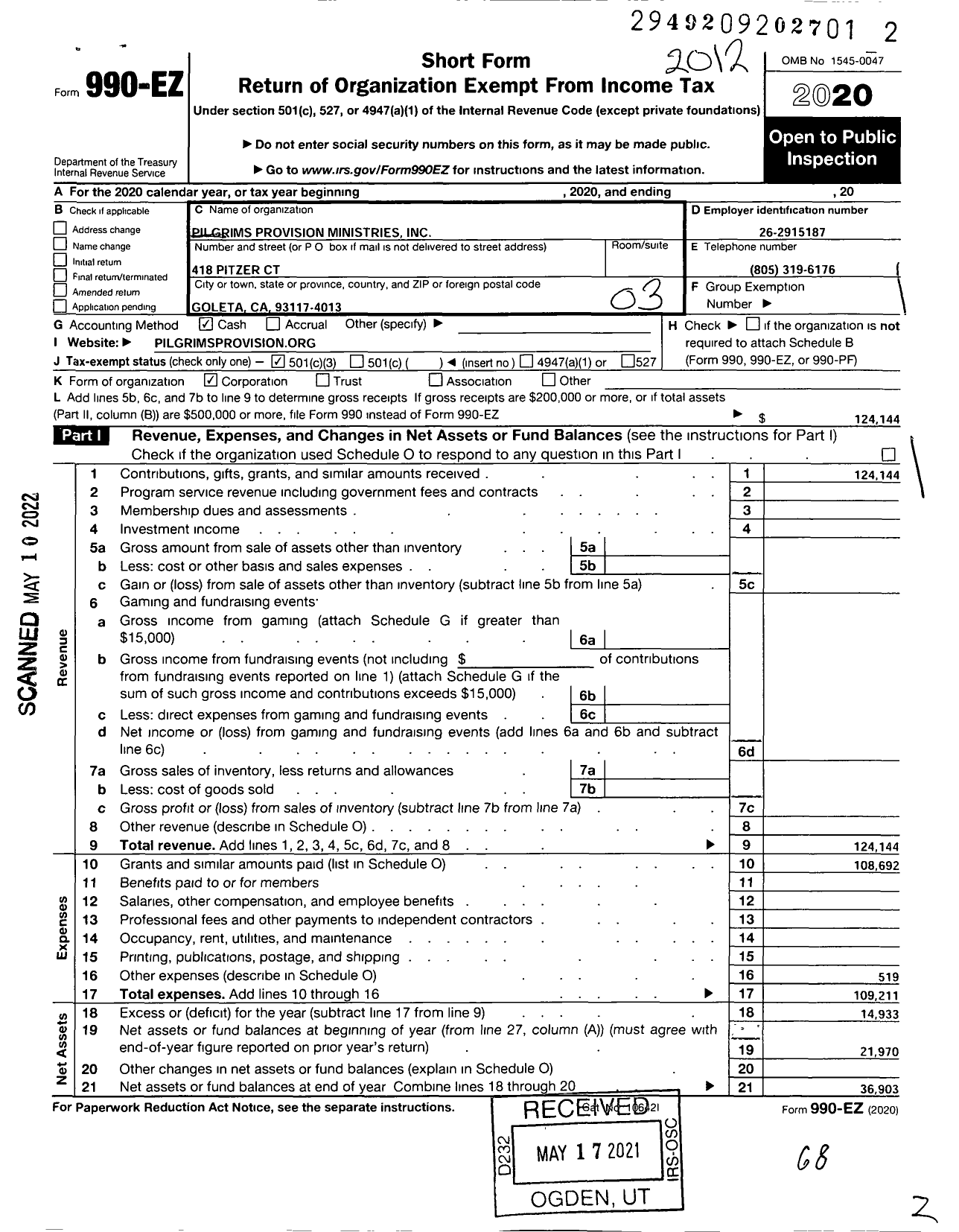 Image of first page of 2020 Form 990EZ for Pilgrims Provision Ministries