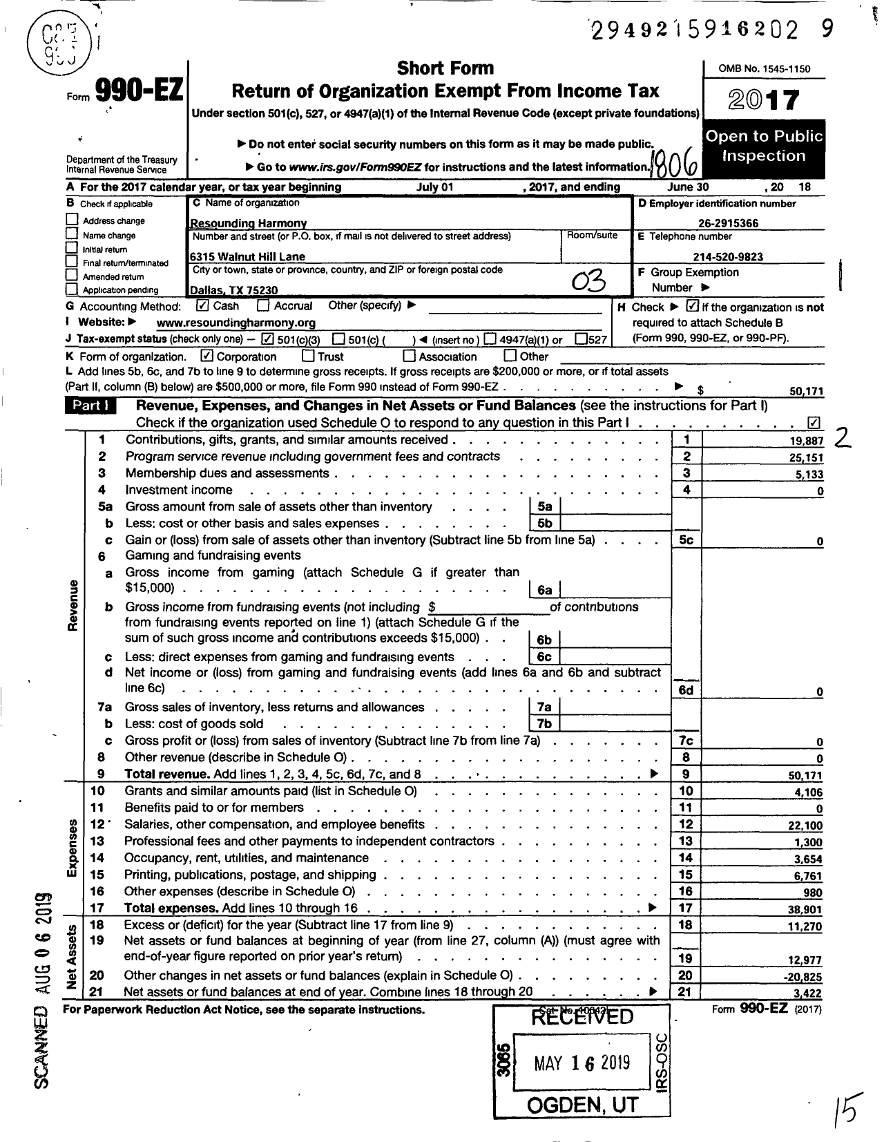 Image of first page of 2017 Form 990EZ for Resounding Harmony