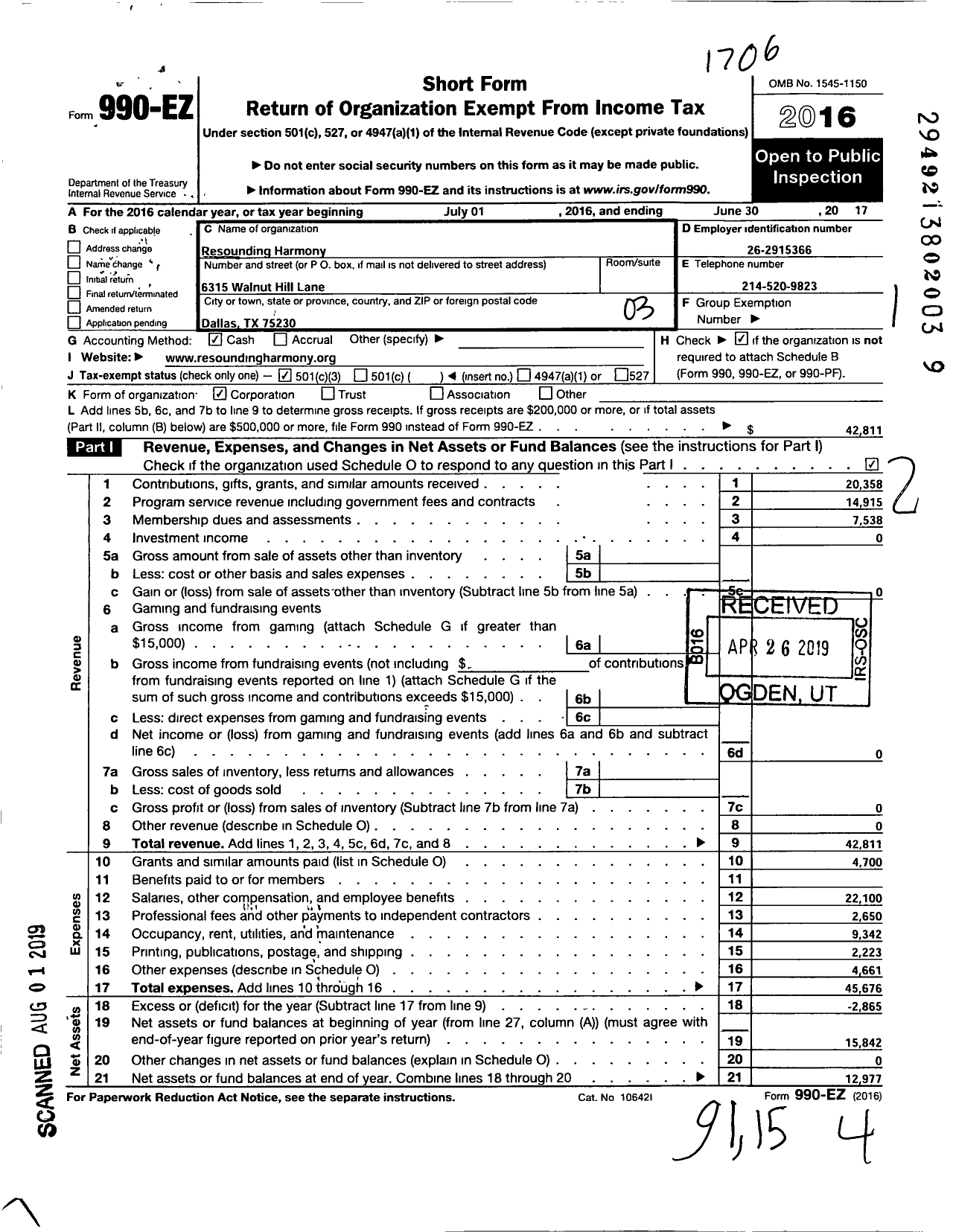 Image of first page of 2016 Form 990EZ for Resounding Harmony