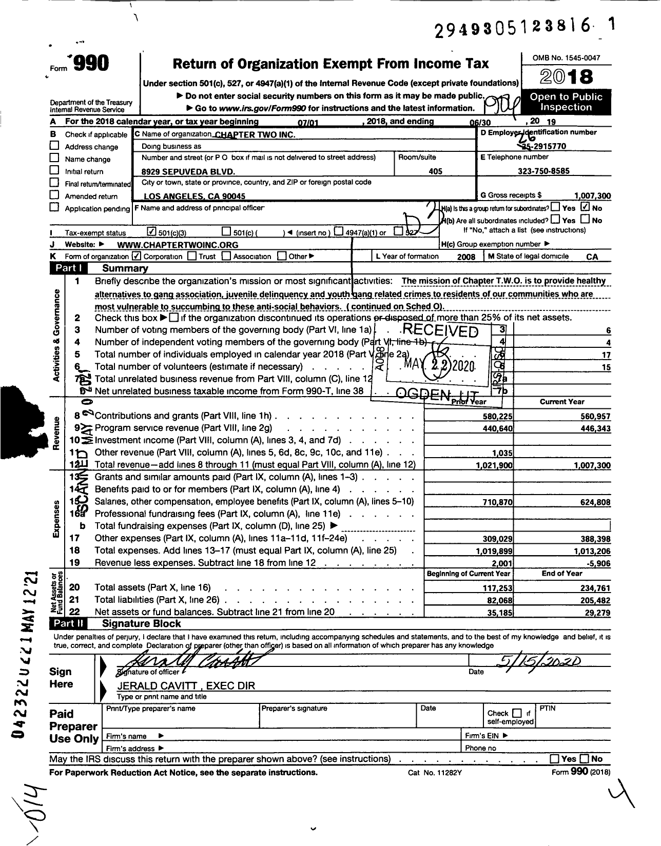 Image of first page of 2018 Form 990 for Chapter Two