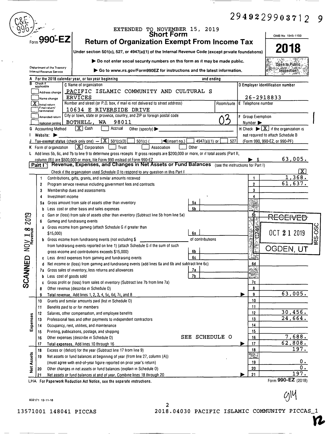 Image of first page of 2018 Form 990EZ for Pacific Islamic Community and Cultural Services (PICACS)