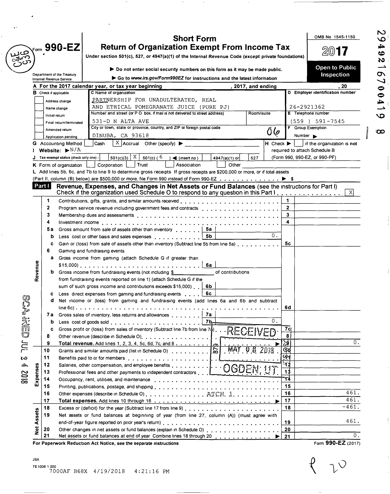 Image of first page of 2017 Form 990EO for Partnership for Unadulterated Real and Ethical Pomegranate Juice Pure PJ