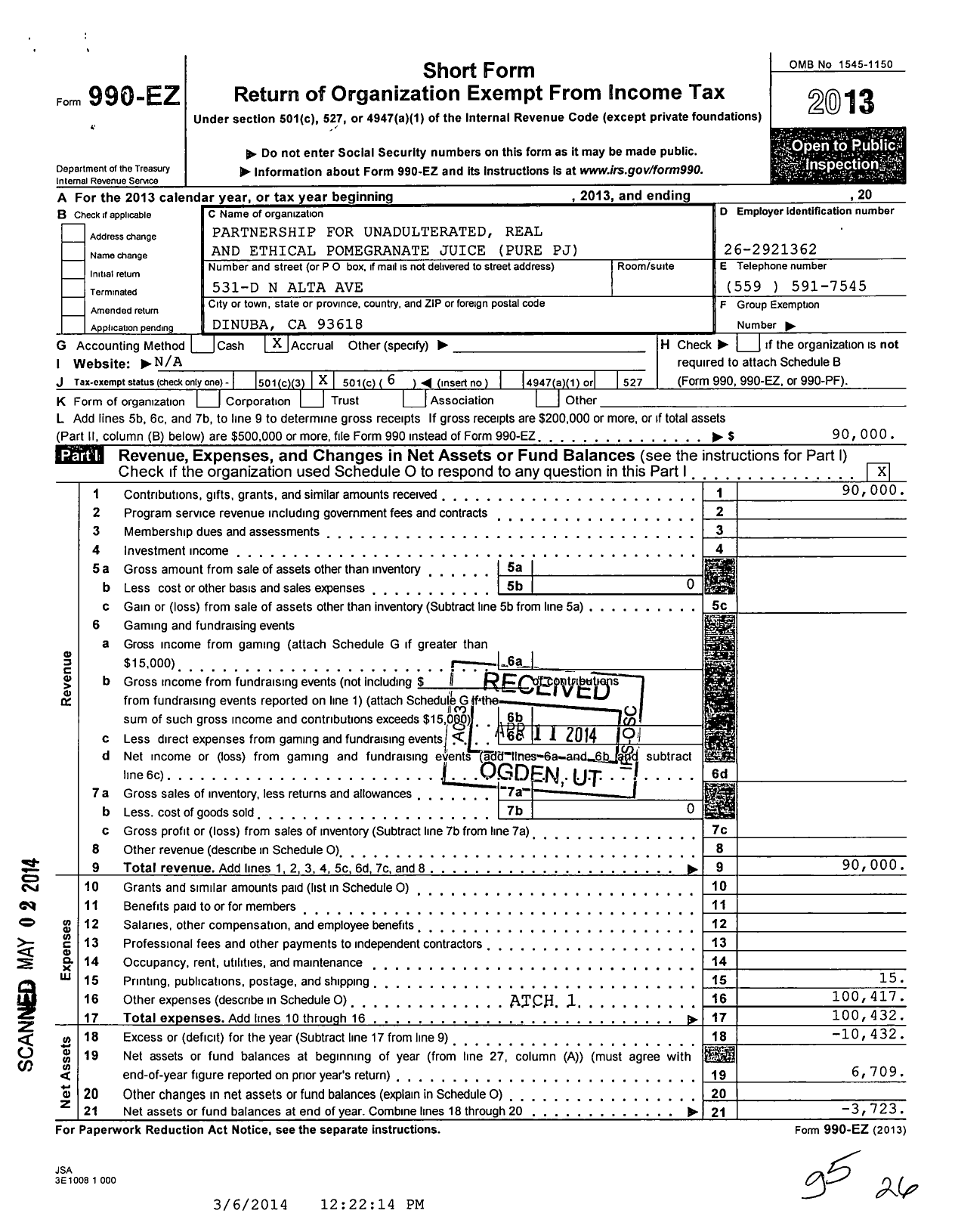 Image of first page of 2013 Form 990EO for Partnership for Unadulterated Real and Ethical Pomegranate Juice Pure PJ