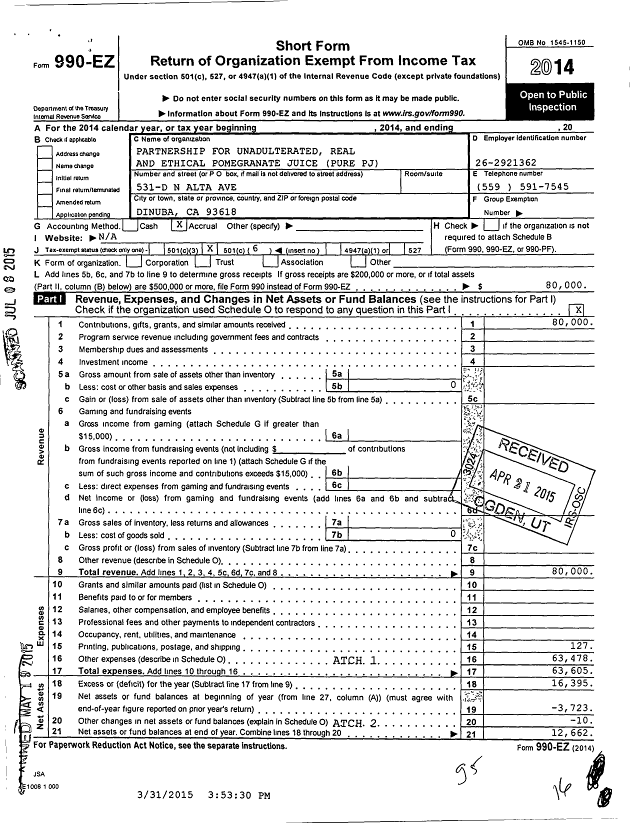 Image of first page of 2014 Form 990EO for Partnership for Unadulterated Real and Ethical Pomegranate Juice Pure PJ