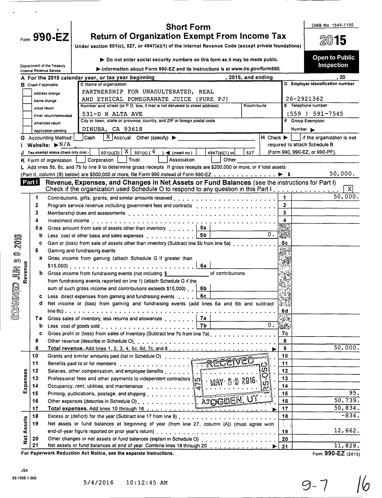 Image of first page of 2015 Form 990EO for Partnership for Unadulterated Real and Ethical Pomegranate Juice Pure PJ