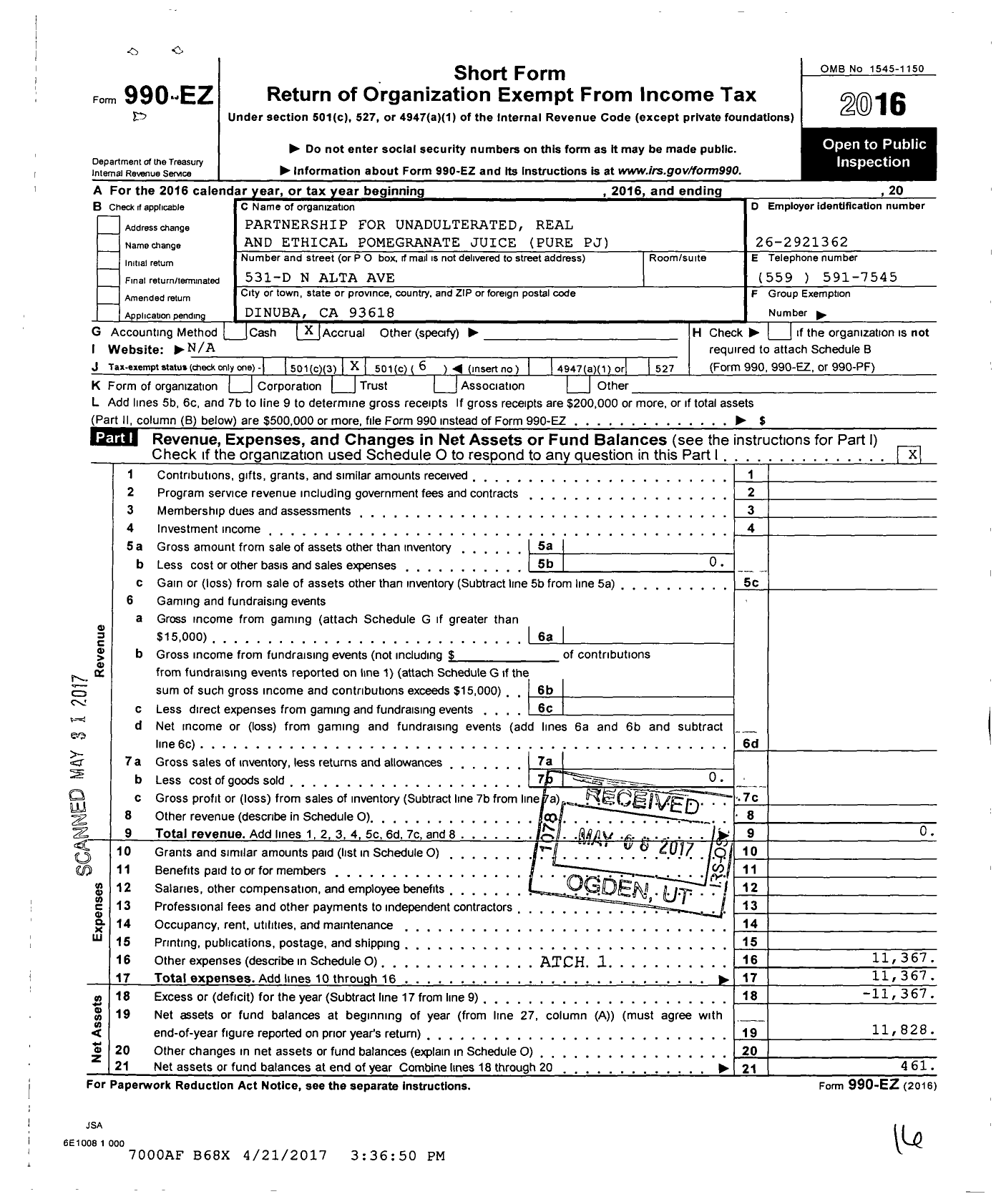 Image of first page of 2016 Form 990EO for Partnership for Unadulterated Real and Ethical Pomegranate Juice Pure PJ