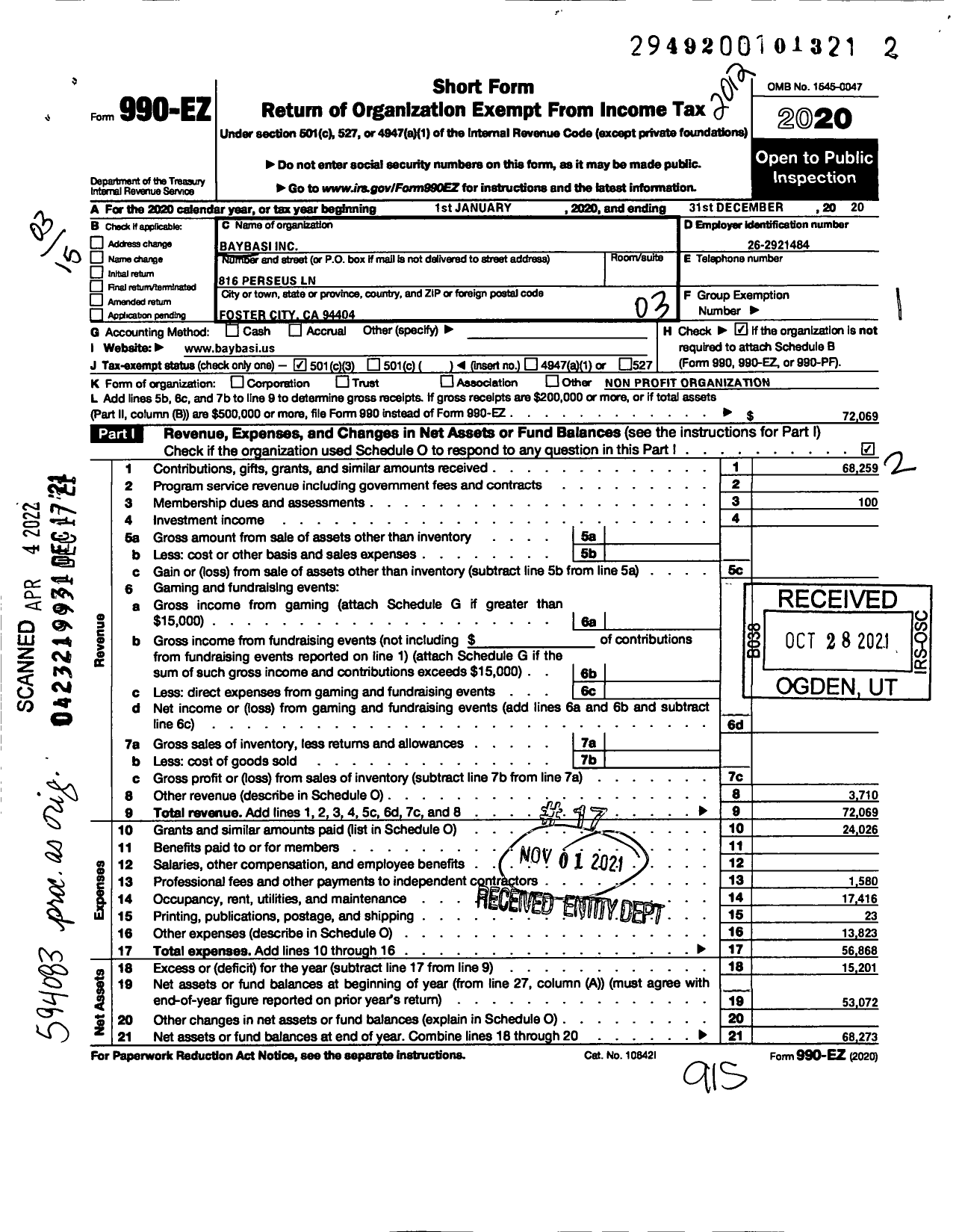 Image of first page of 2020 Form 990EZ for Baybasi