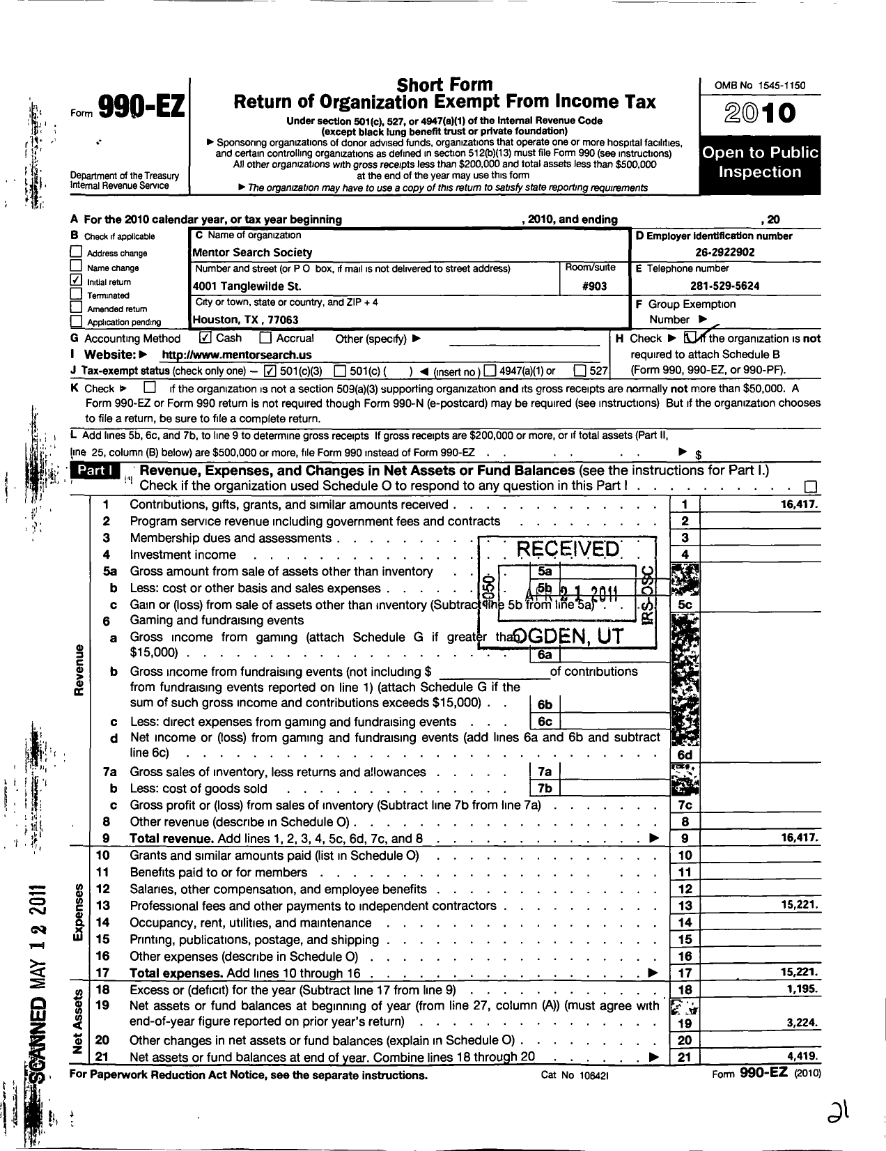 Image of first page of 2010 Form 990EZ for Mentor Search Society