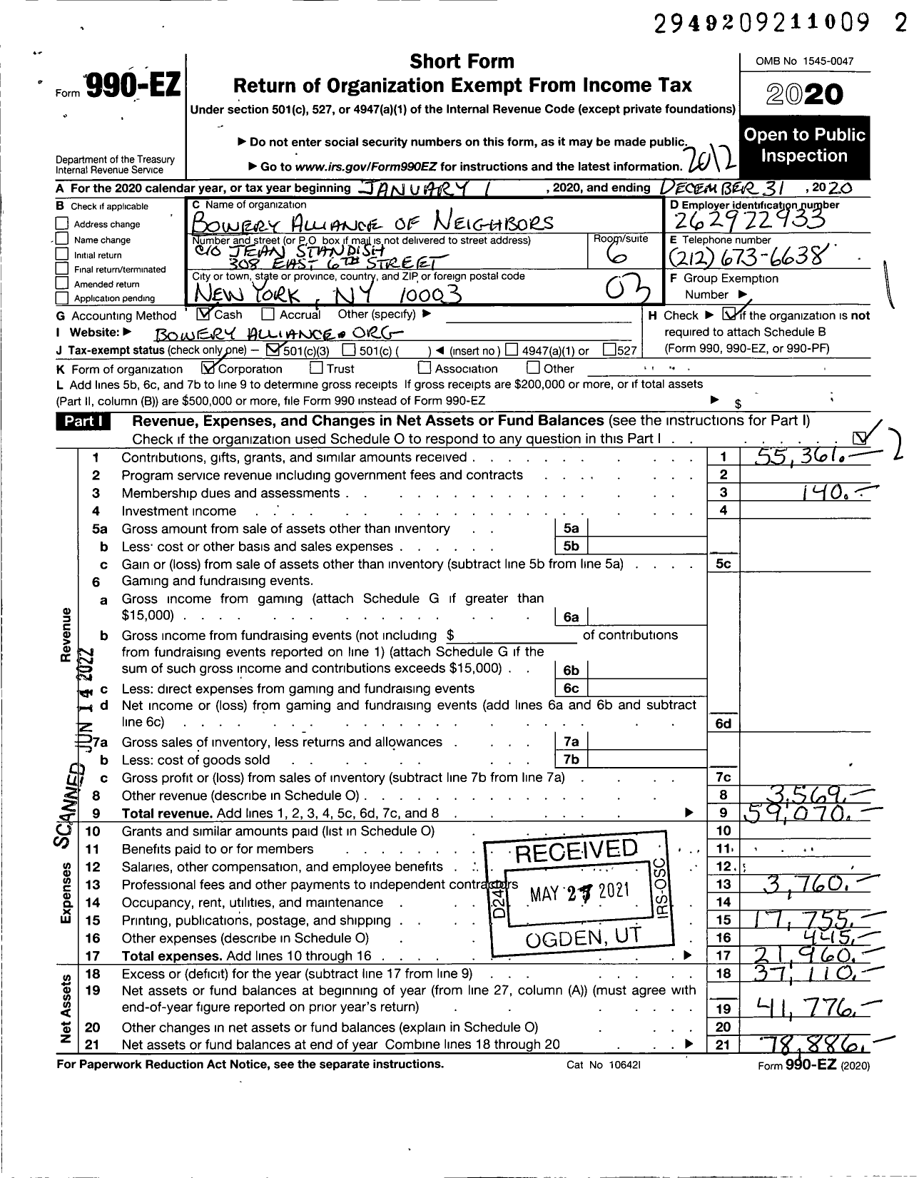 Image of first page of 2020 Form 990EZ for Bowery Alliance of Neighbors