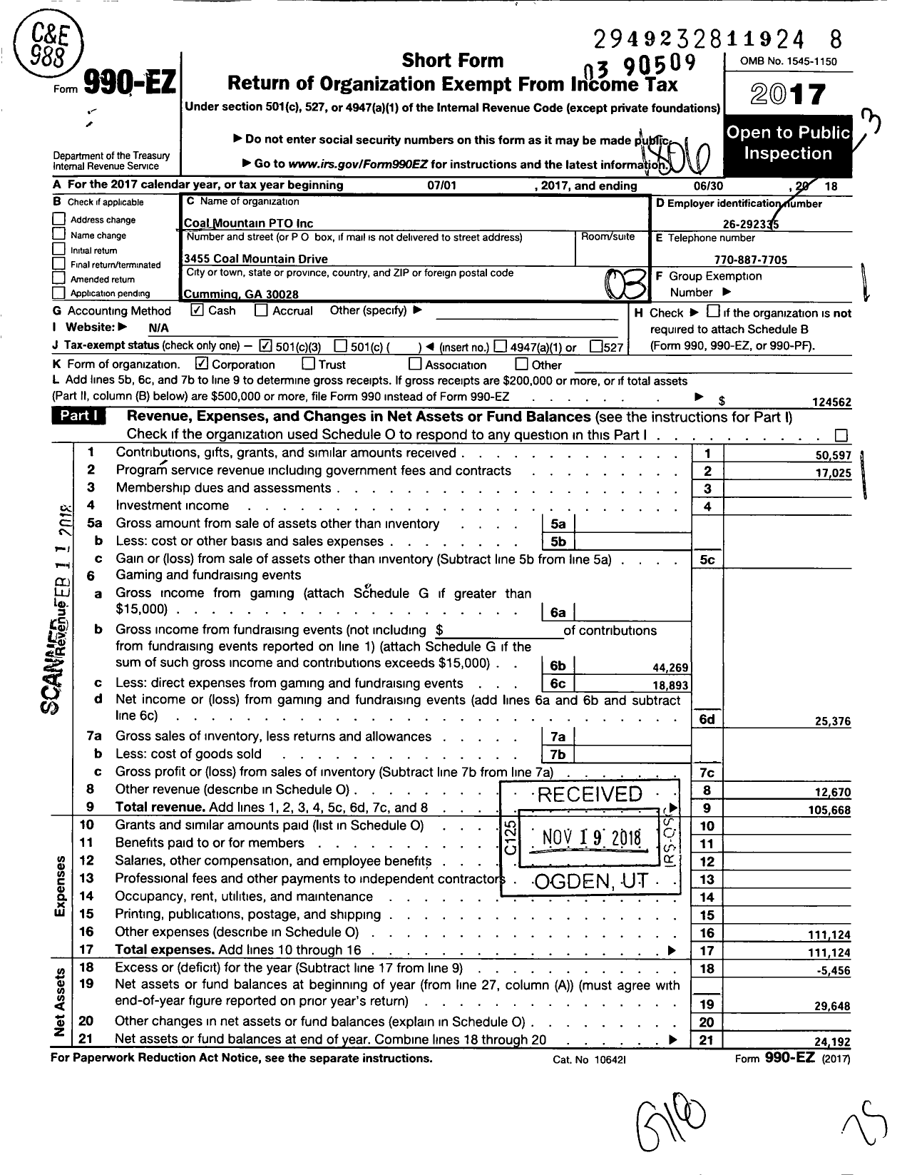 Image of first page of 2017 Form 990EZ for Coal Mountain Pto