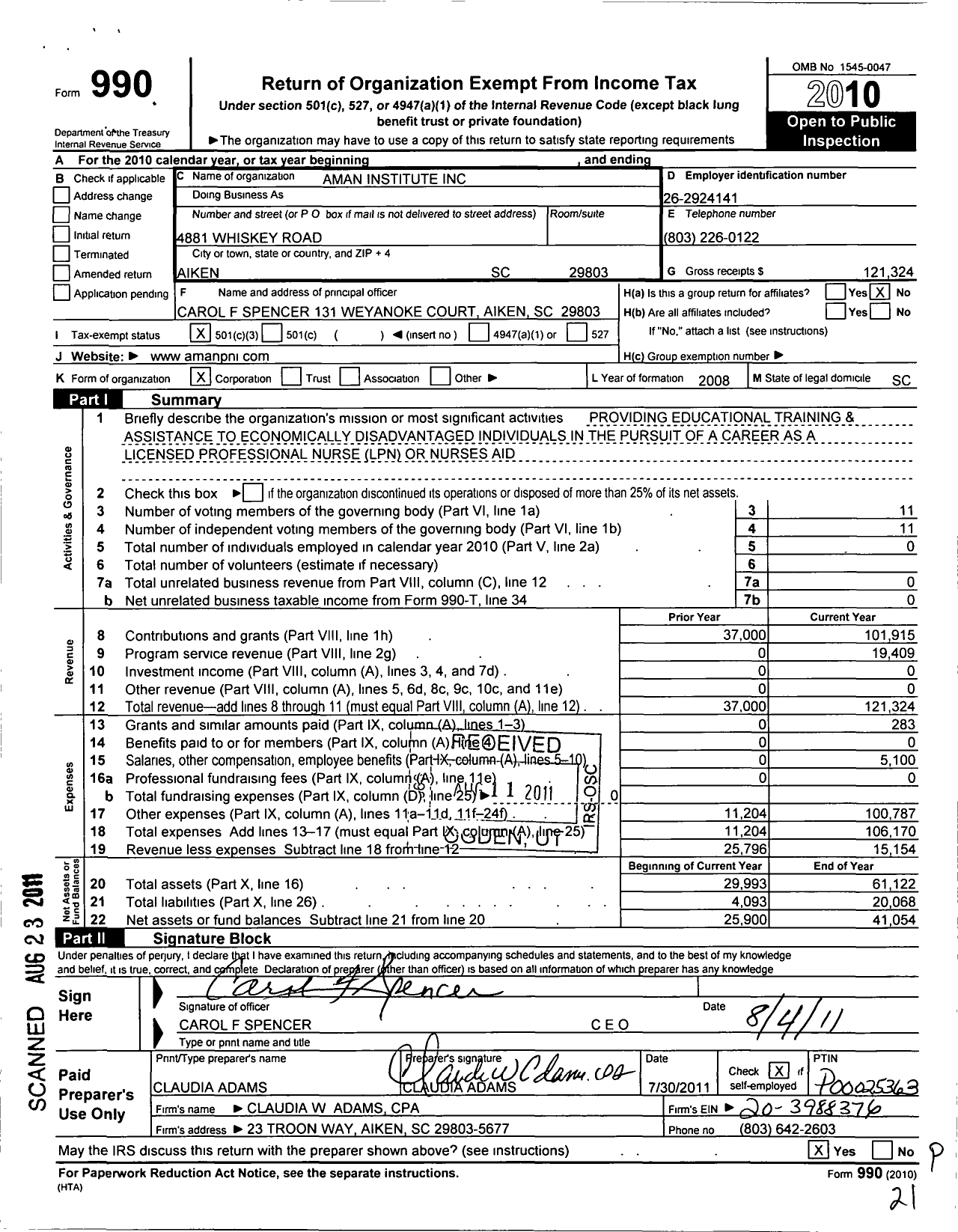 Image of first page of 2010 Form 990 for Aman Professional Nursing Institute