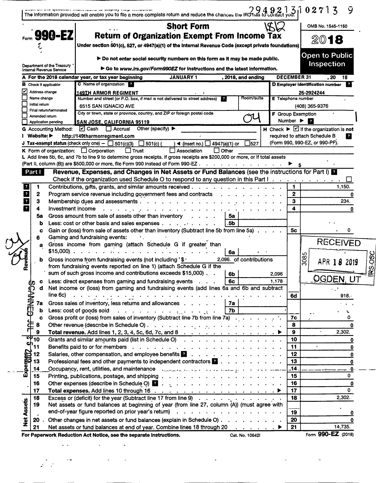 Image of first page of 2018 Form 990EO for 149th Armor Regiment